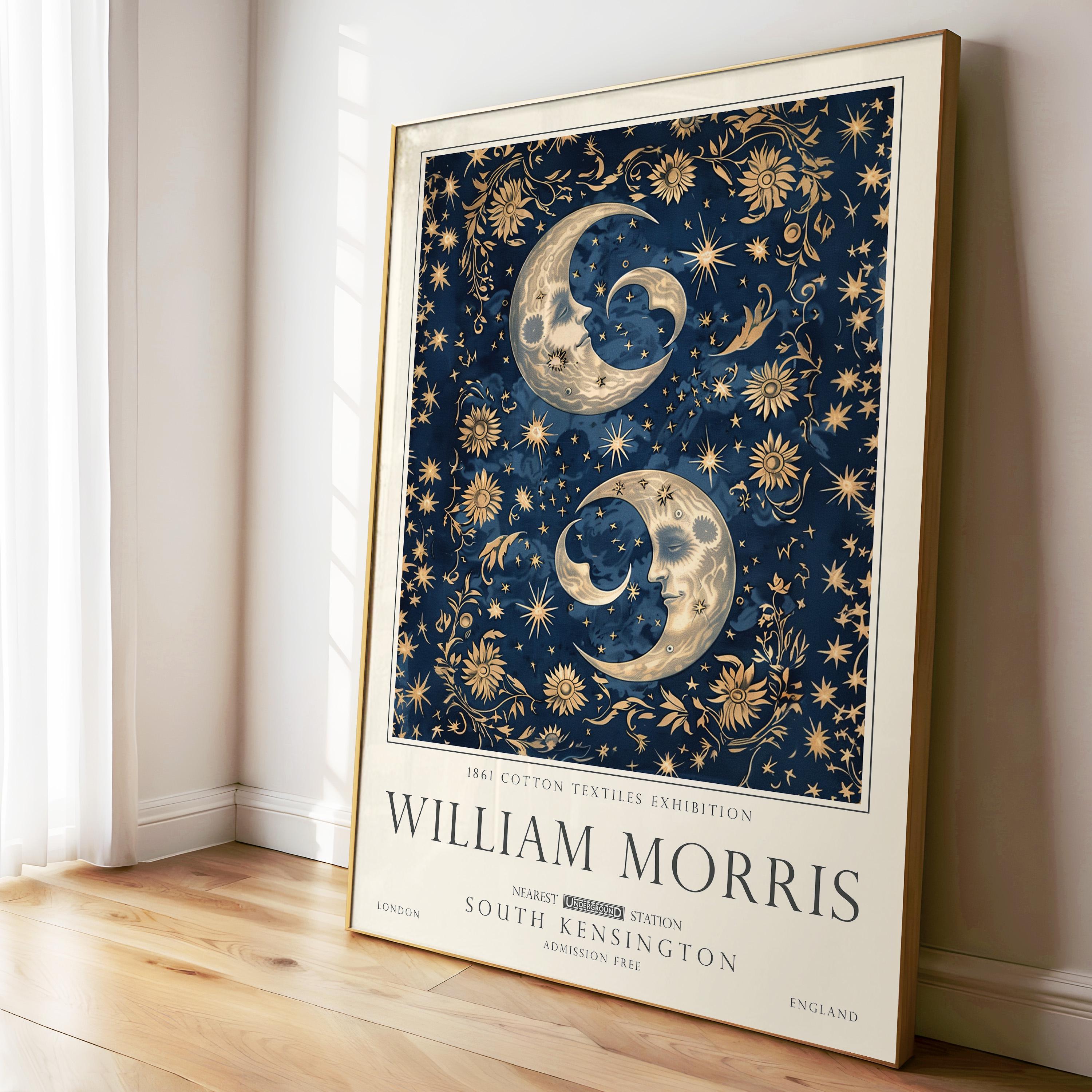 William Morris Moon and Stars Print, Celestial Wall Art, Vintage Style, Bedroom Poster, UNFRAMED