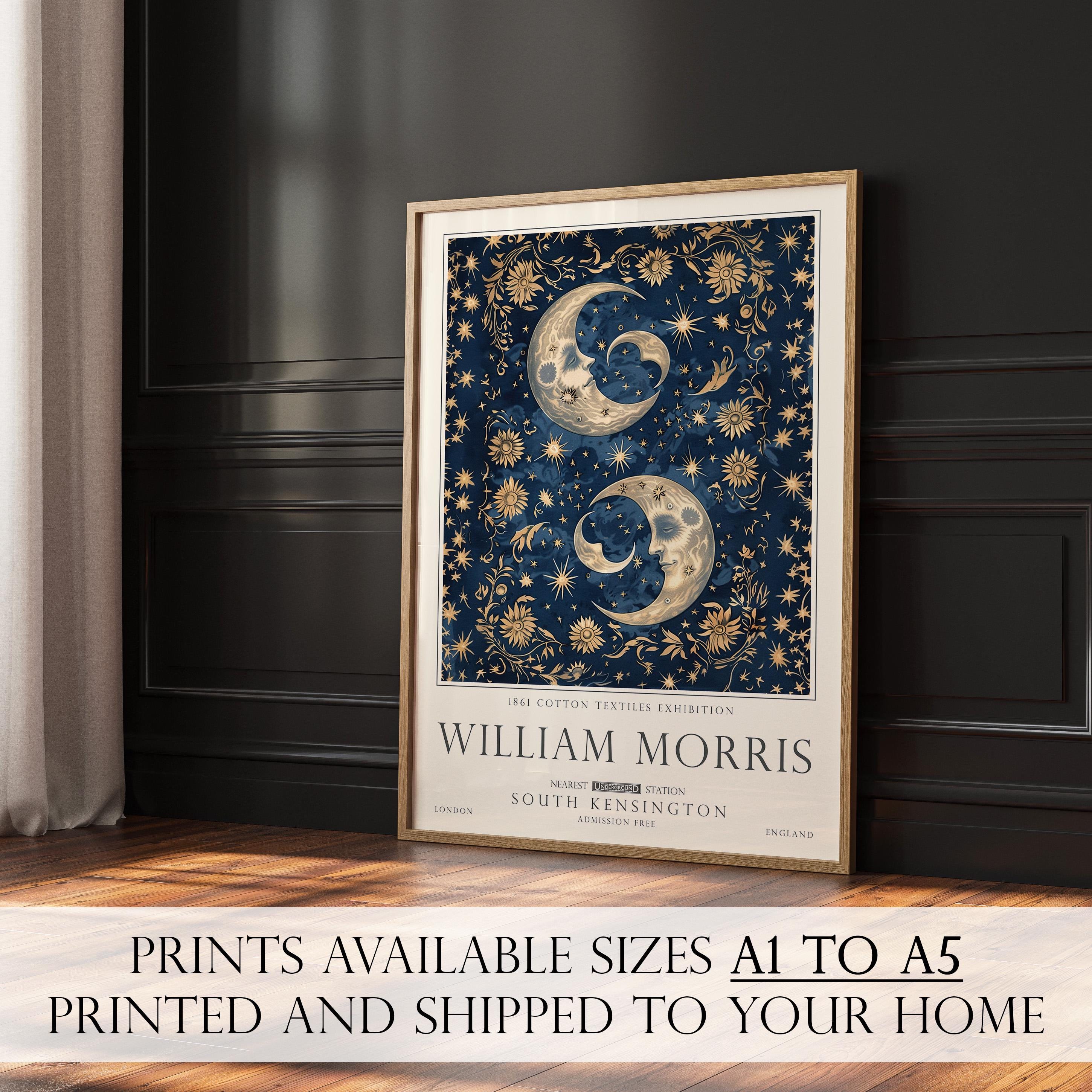William Morris Moon and Stars Print, Celestial Wall Art, Vintage Style, Bedroom Poster, UNFRAMED