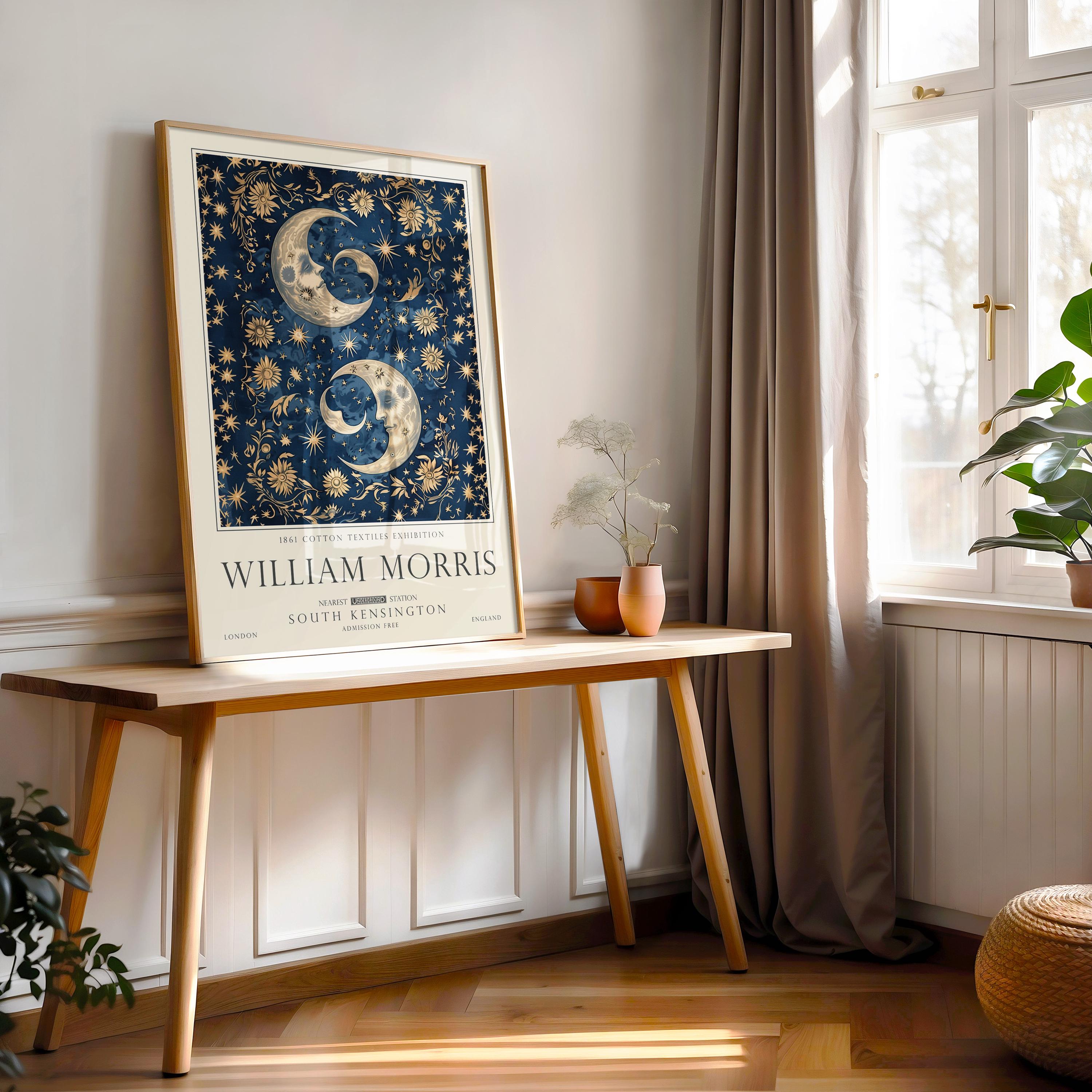 William Morris Moon and Stars Print, Celestial Wall Art, Vintage Style, Bedroom Poster, UNFRAMED