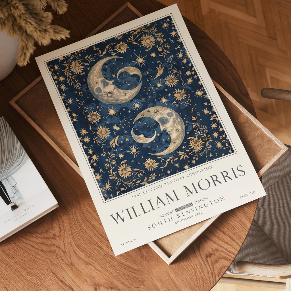 William Morris Moon and Stars Print, Celestial Wall Art, Vintage Style, Bedroom Poster, UNFRAMED