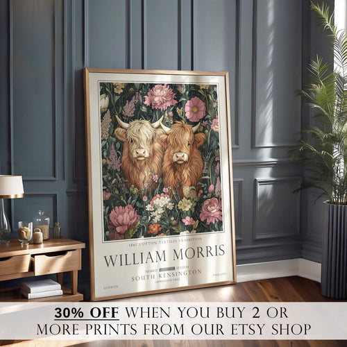 Highland Cow Print, William Morris Wall Art, Rustic Cottagecore Poster, Unframed