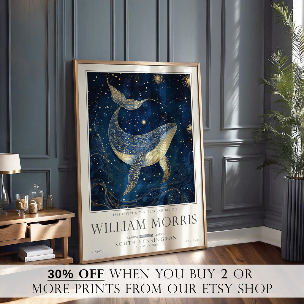 Whale Wall Art  William Morris Nautical Print, Celestial Wall Decor, UNFRAMED