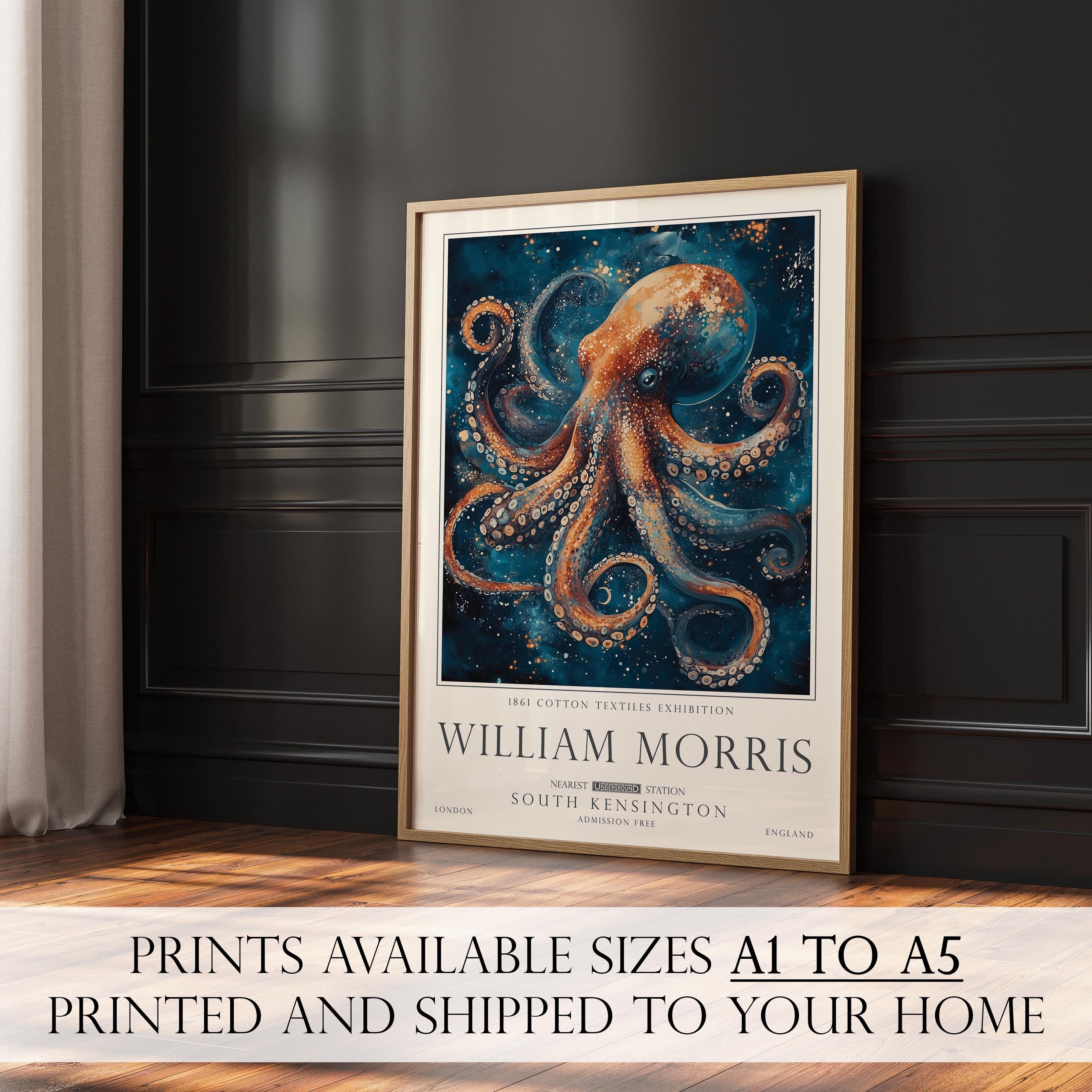 Nautical Octopus Print, William Morris Inspired Bathroom Wall Art, Vintage Ocean Decor, UNFRAMED