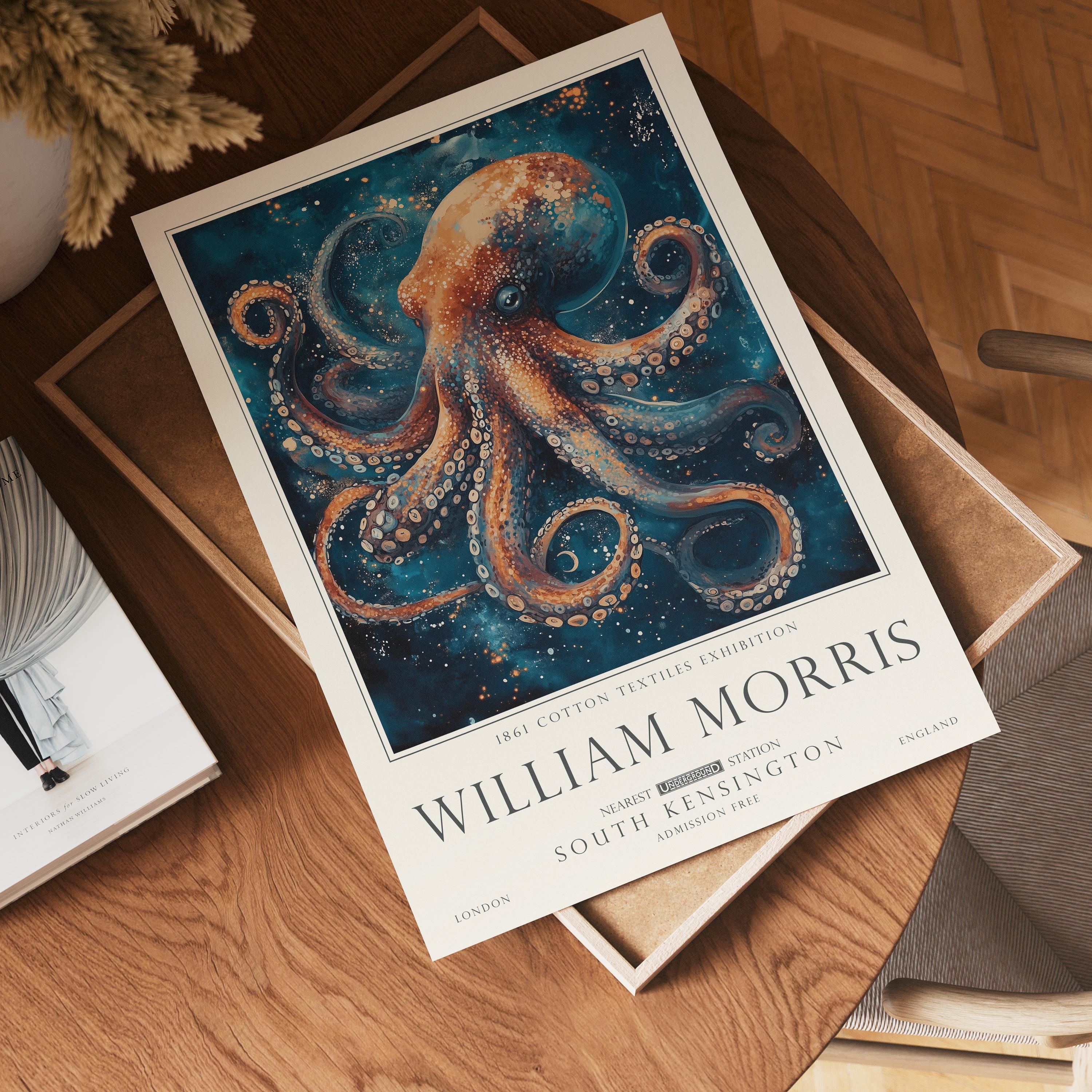 Nautical Octopus Print, William Morris Inspired Bathroom Wall Art, Vintage Ocean Decor, UNFRAMED