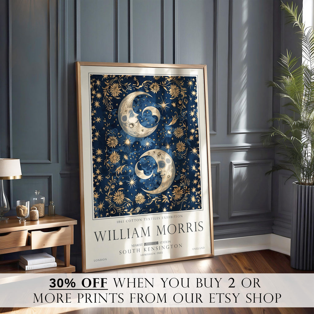 William Morris Moon and Stars Print, Celestial Wall Art, Vintage Style, Bedroom Poster, UNFRAMED