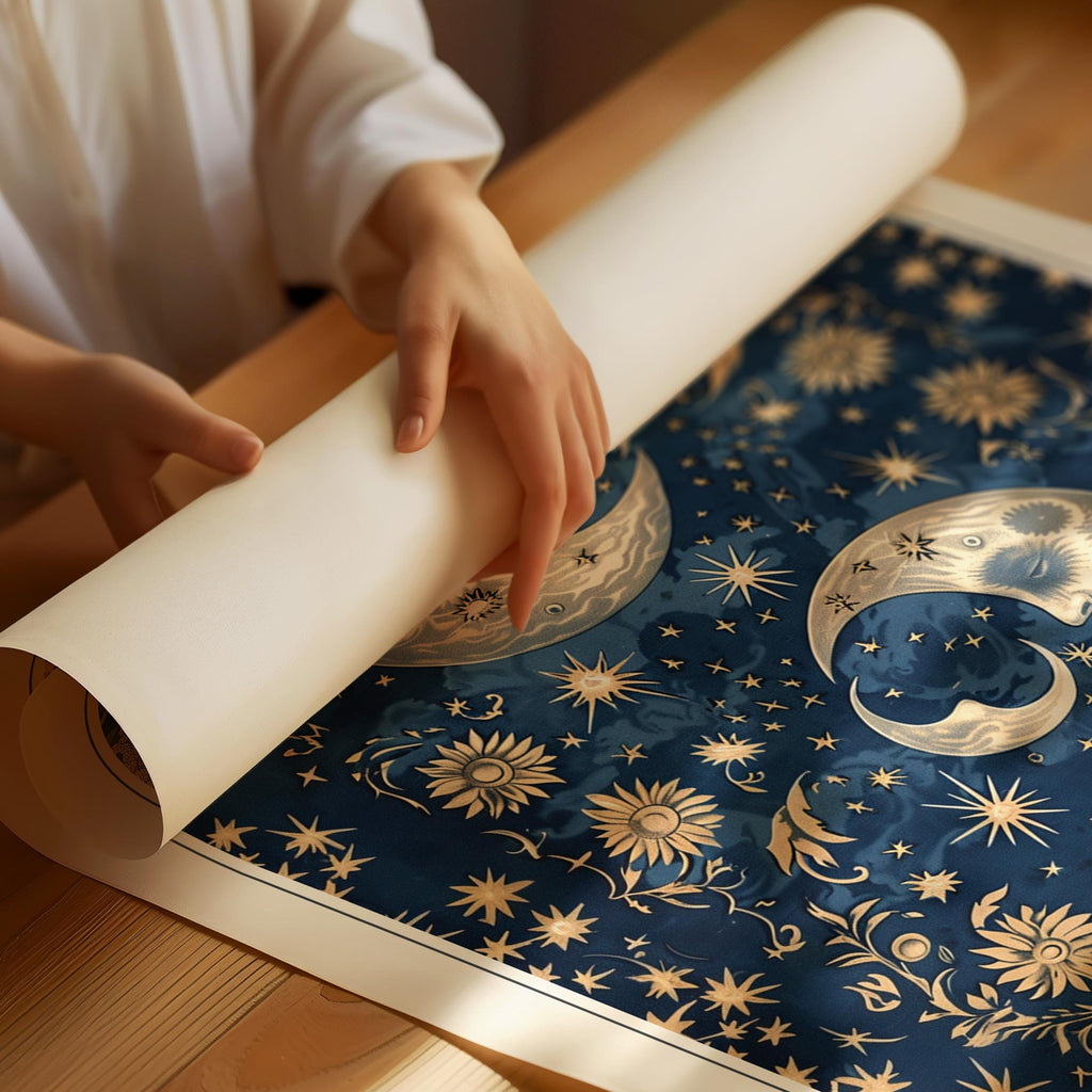 William Morris Moon and Stars Print, Celestial Wall Art, Vintage Style, Bedroom Poster, UNFRAMED