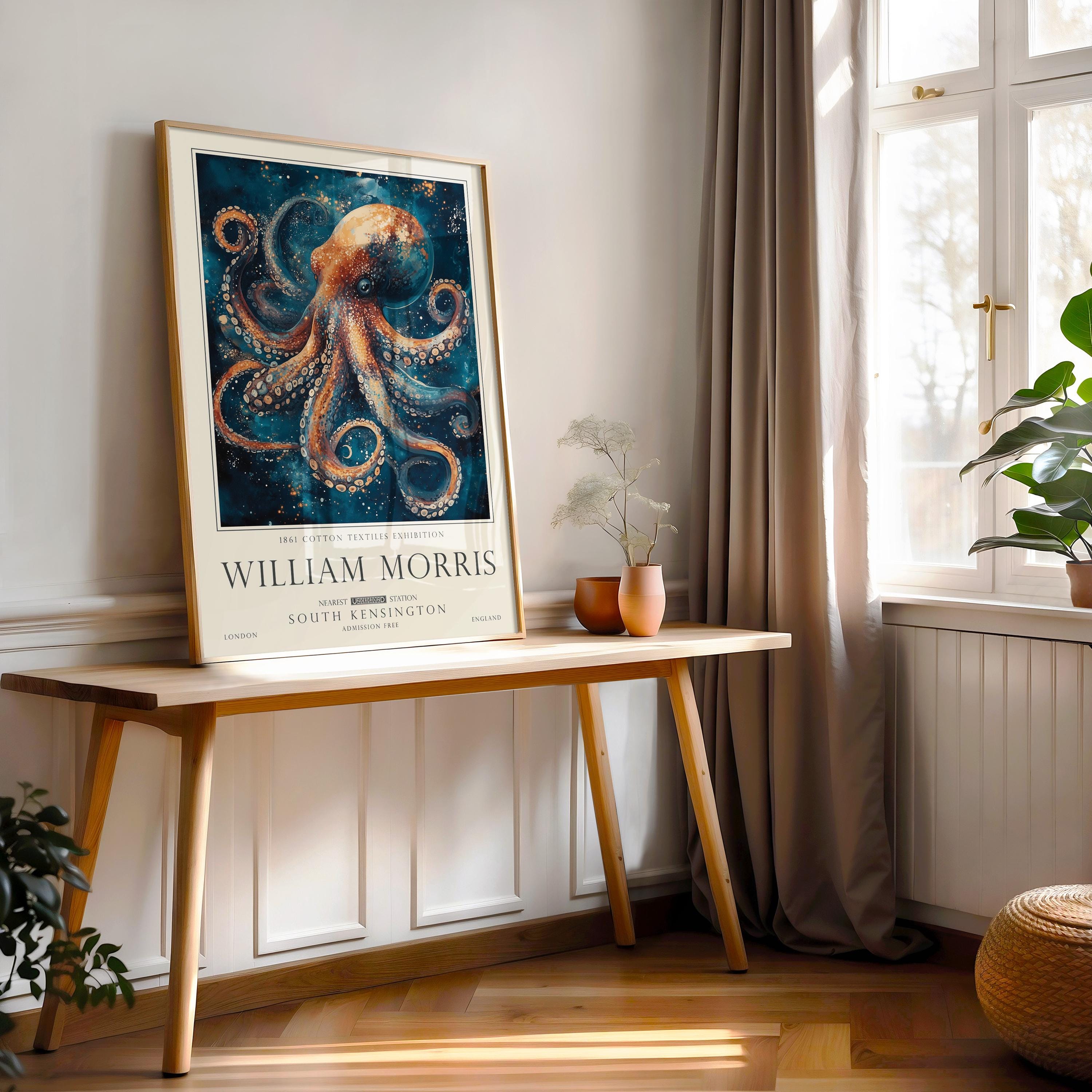 Nautical Octopus Print, William Morris Inspired Bathroom Wall Art, Vintage Ocean Decor, UNFRAMED