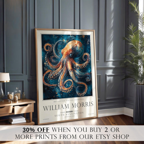 Nautical Octopus Print, William Morris Inspired Bathroom Wall Art, Vintage Ocean Decor, UNFRAMED