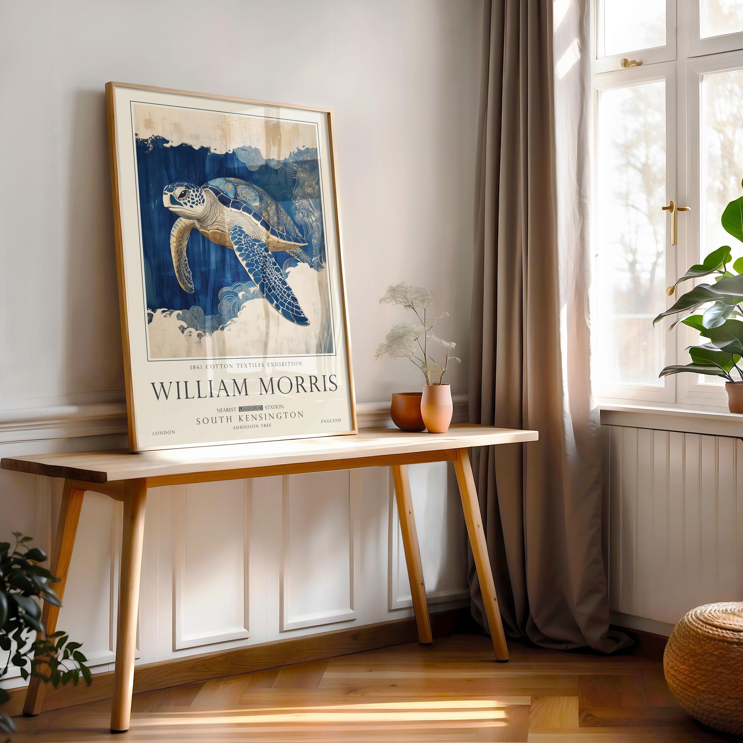 Turtle Bathroom Print, William Morris Style Sea Life Wall Art, Ocean Nautical Poster, UNFRAMED