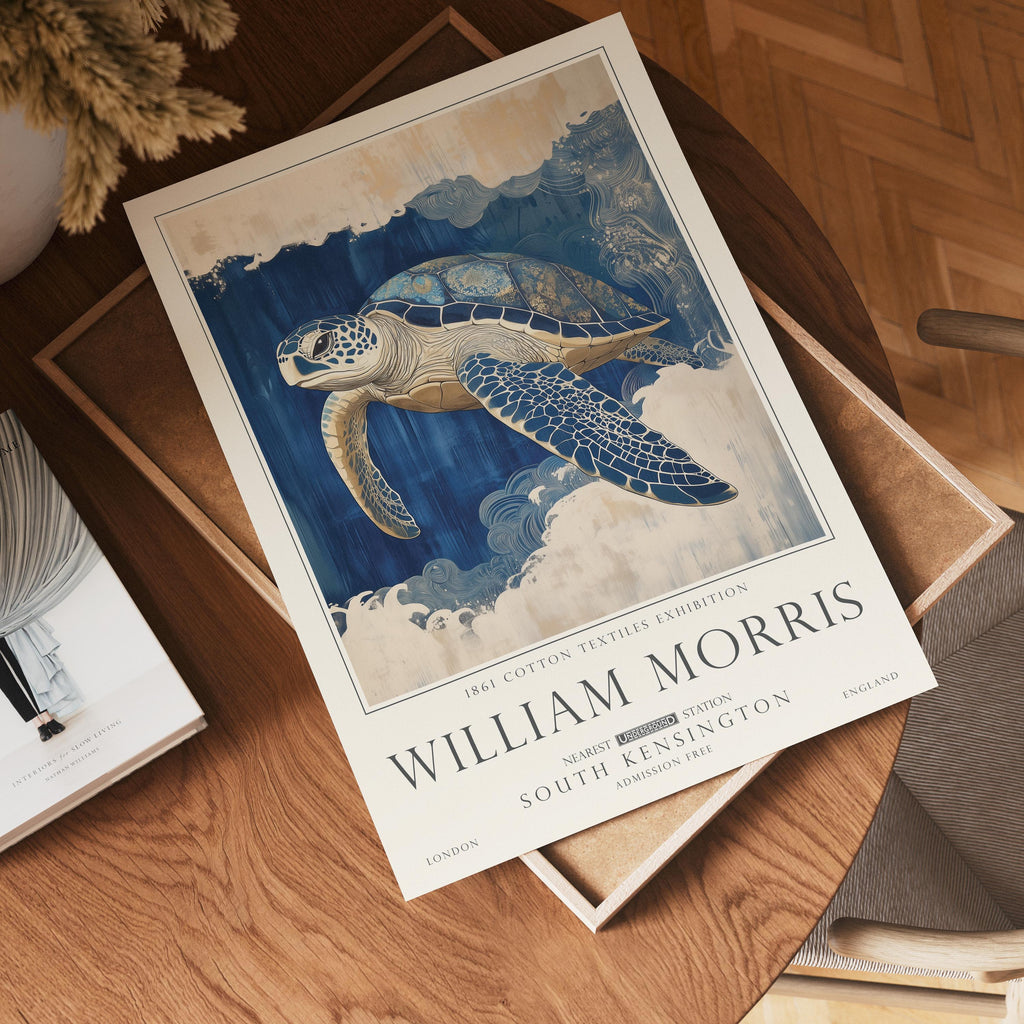 Turtle Bathroom Print, William Morris Style Sea Life Wall Art, Ocean Nautical Poster, UNFRAMED
