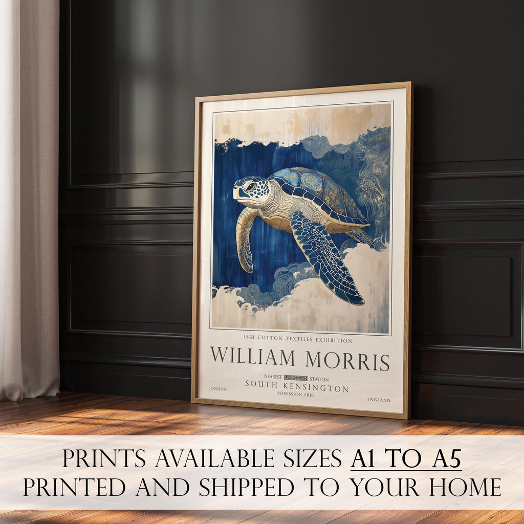 Turtle Bathroom Print, William Morris Style Sea Life Wall Art, Ocean Nautical Poster, UNFRAMED