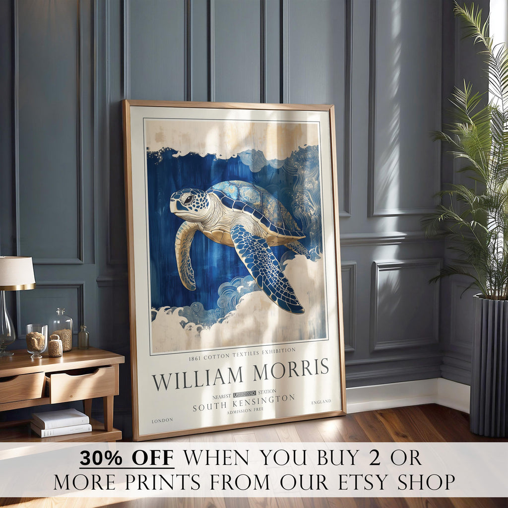 Turtle Bathroom Print, William Morris Style Sea Life Wall Art, Ocean Nautical Poster, UNFRAMED