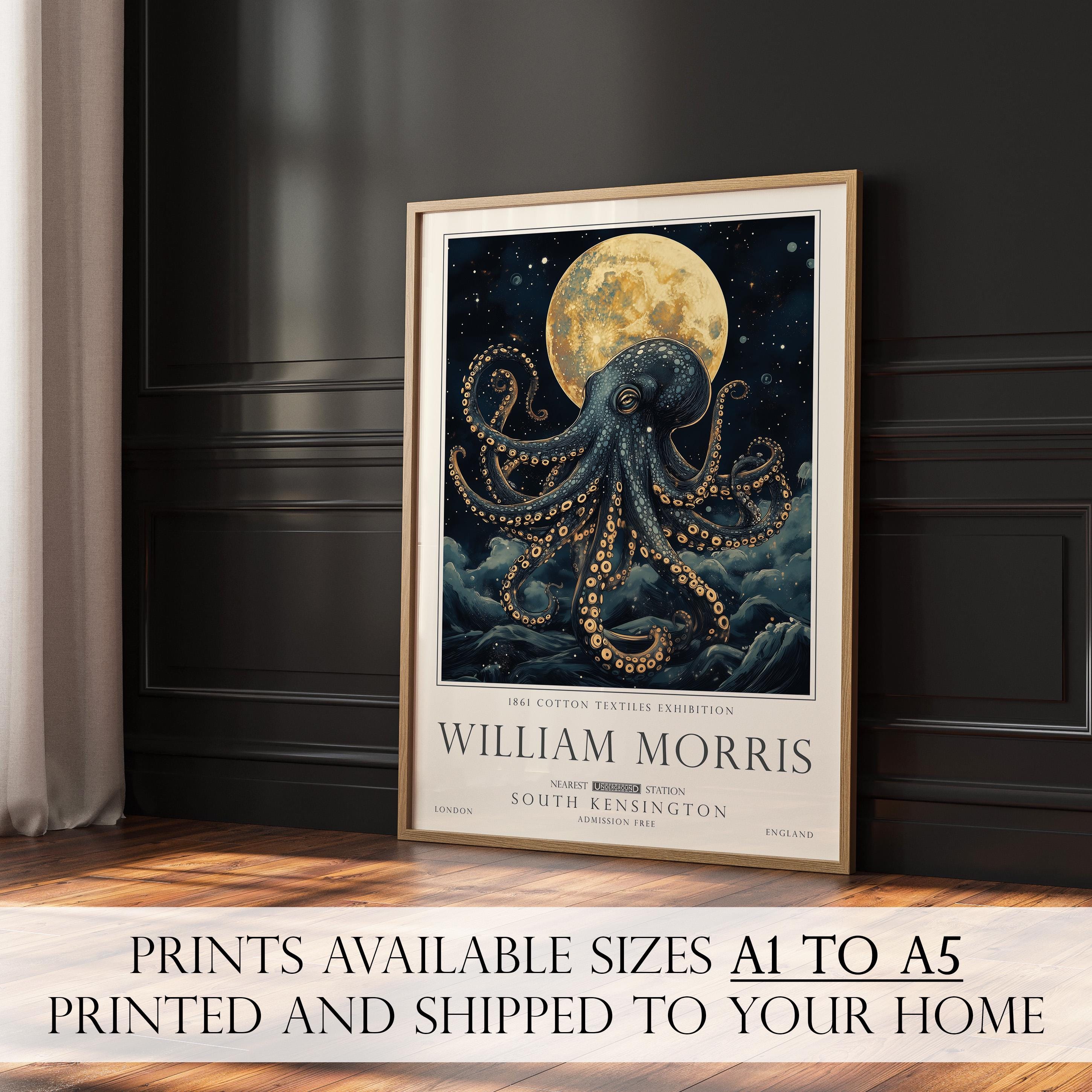 Nautical Octopus Print, William Morris Bathroom Wall Art, Vintage Ocean Decor, UNFRAMED