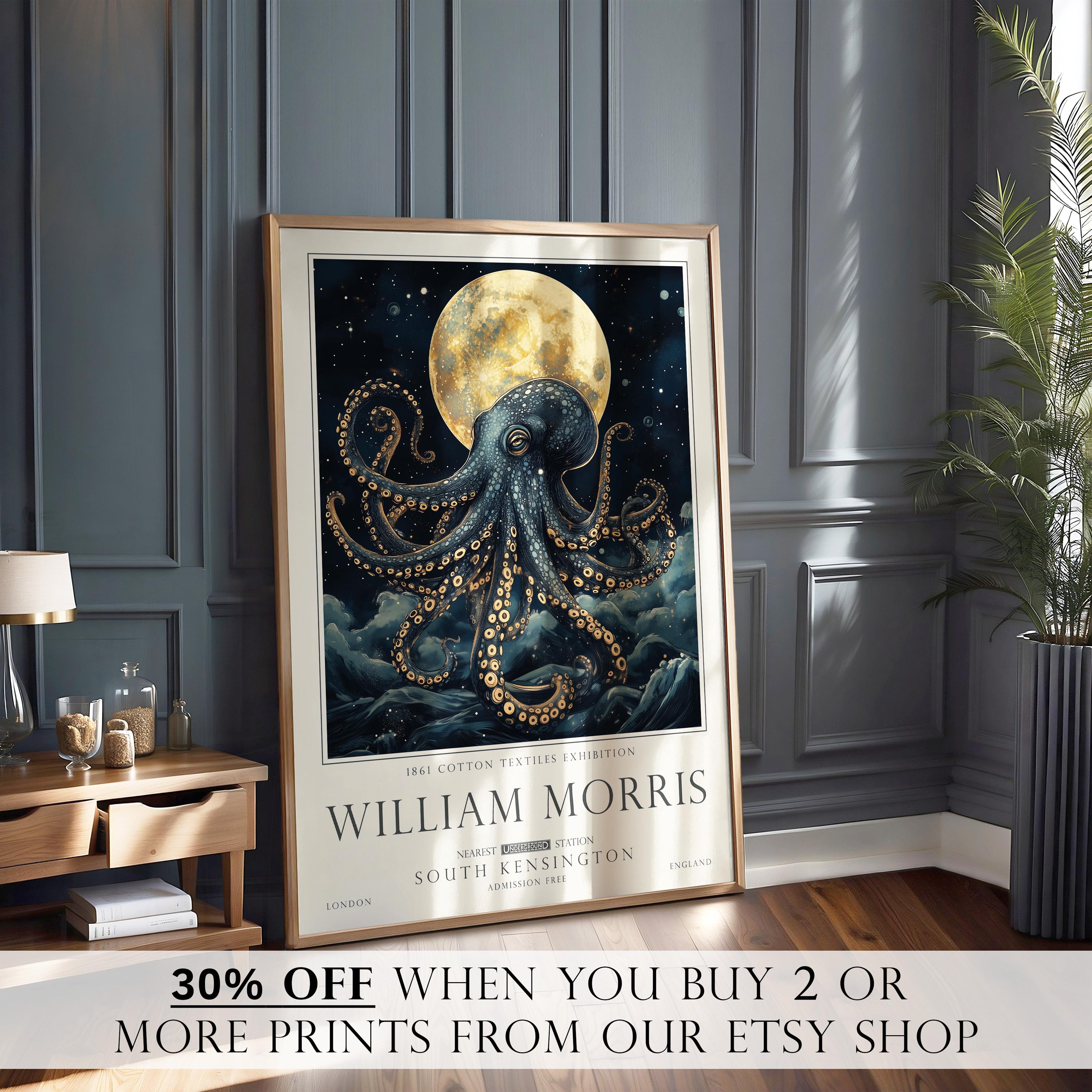 Nautical Octopus Print, William Morris Bathroom Wall Art, Vintage Ocean Decor, UNFRAMED