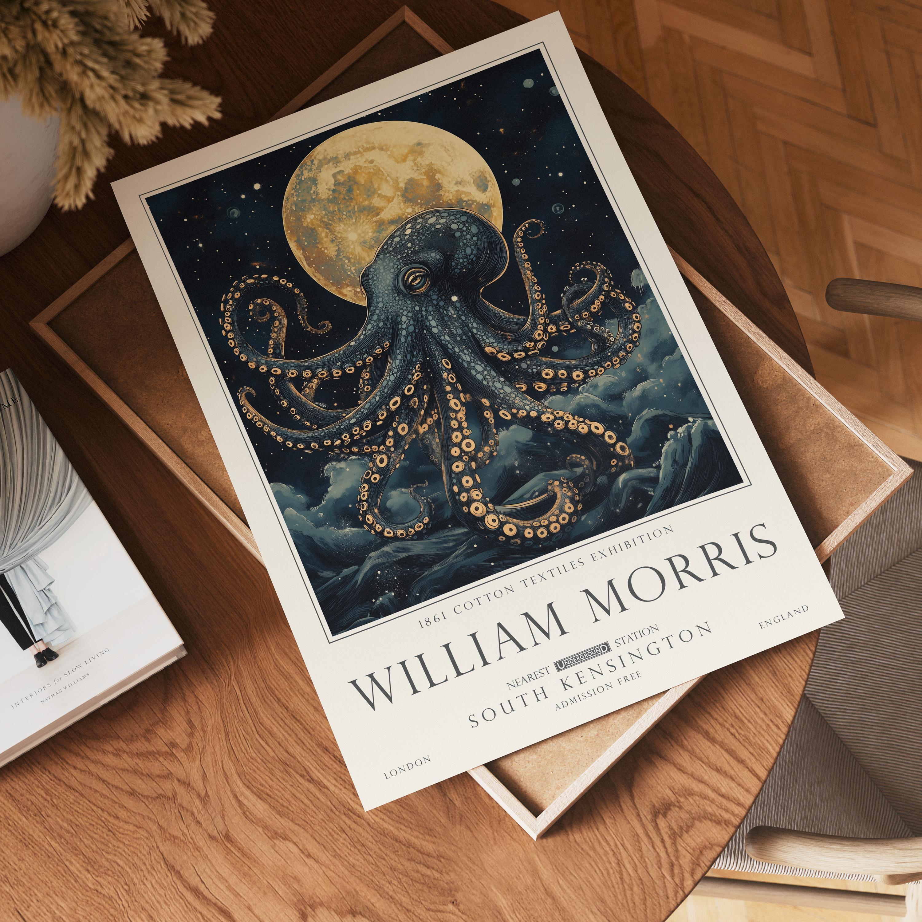 Nautical Octopus Print, William Morris Bathroom Wall Art, Vintage Ocean Decor, UNFRAMED