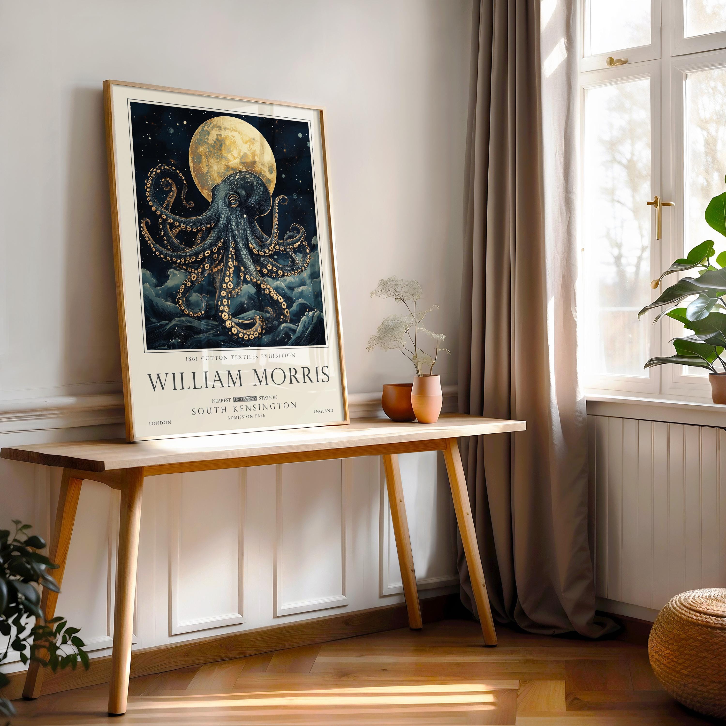 Nautical Octopus Print, William Morris Bathroom Wall Art, Vintage Ocean Decor, UNFRAMED