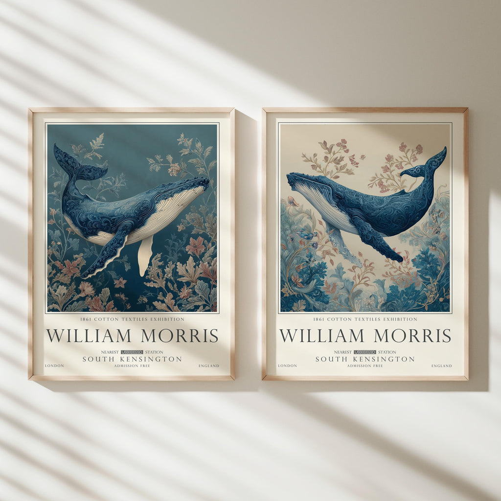 William Morris Whale Print Set of 2, Sea Life Wall Art Set, Coastal Bathroom, UNFRAMED
