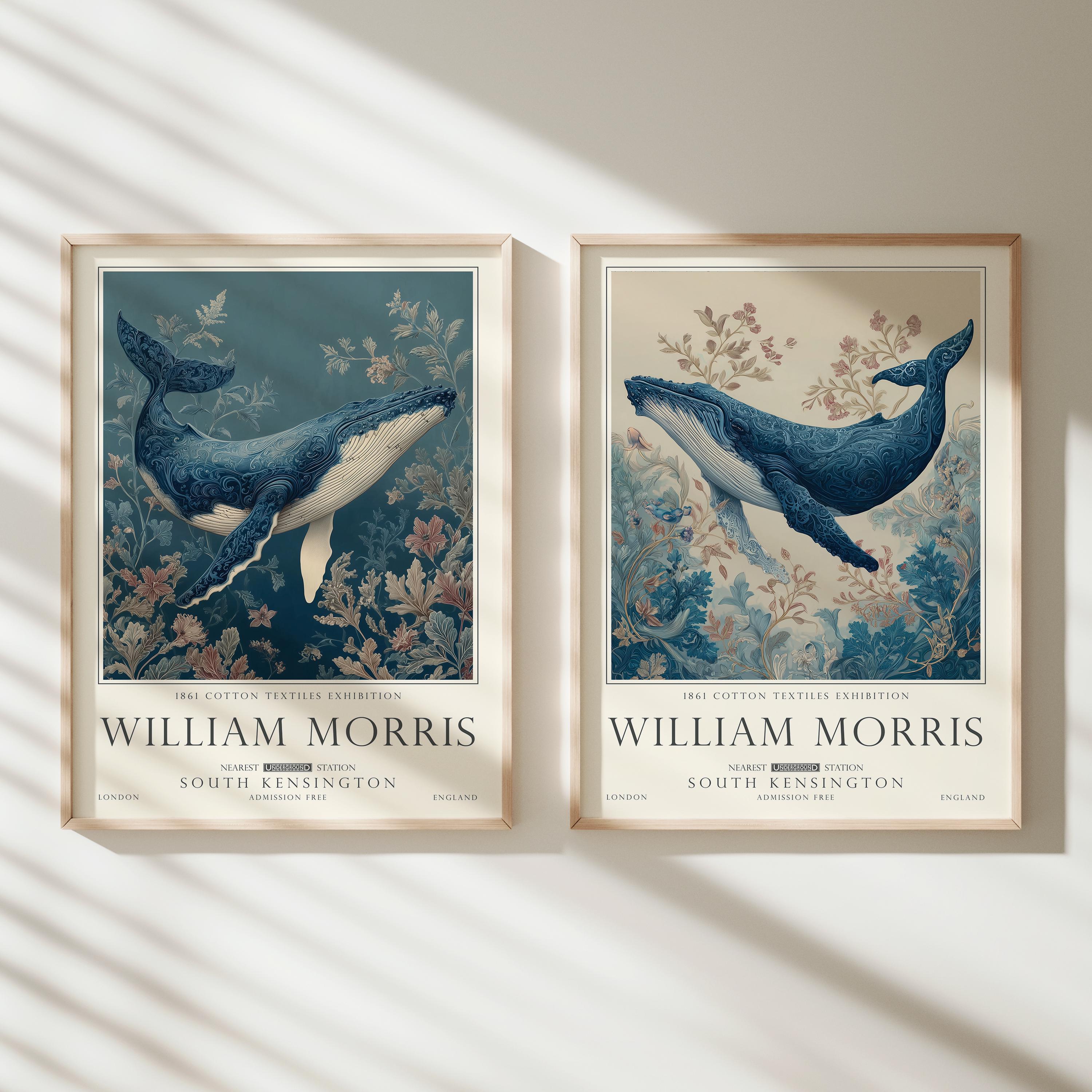 William Morris Whale Print Set of 2, Sea Life Wall Art Set, Coastal Bathroom, UNFRAMED
