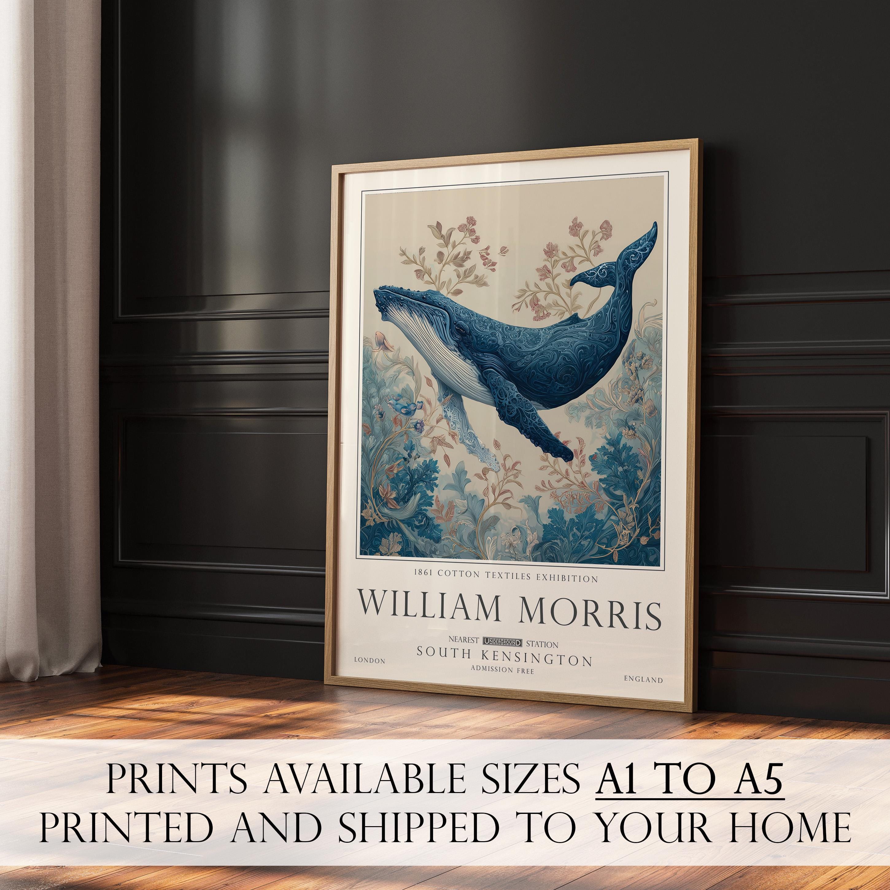 Nautical Blue Whale Art, Coastal William Morris Poster, Vintage Decor, Gifts For Her, UNFRAMED