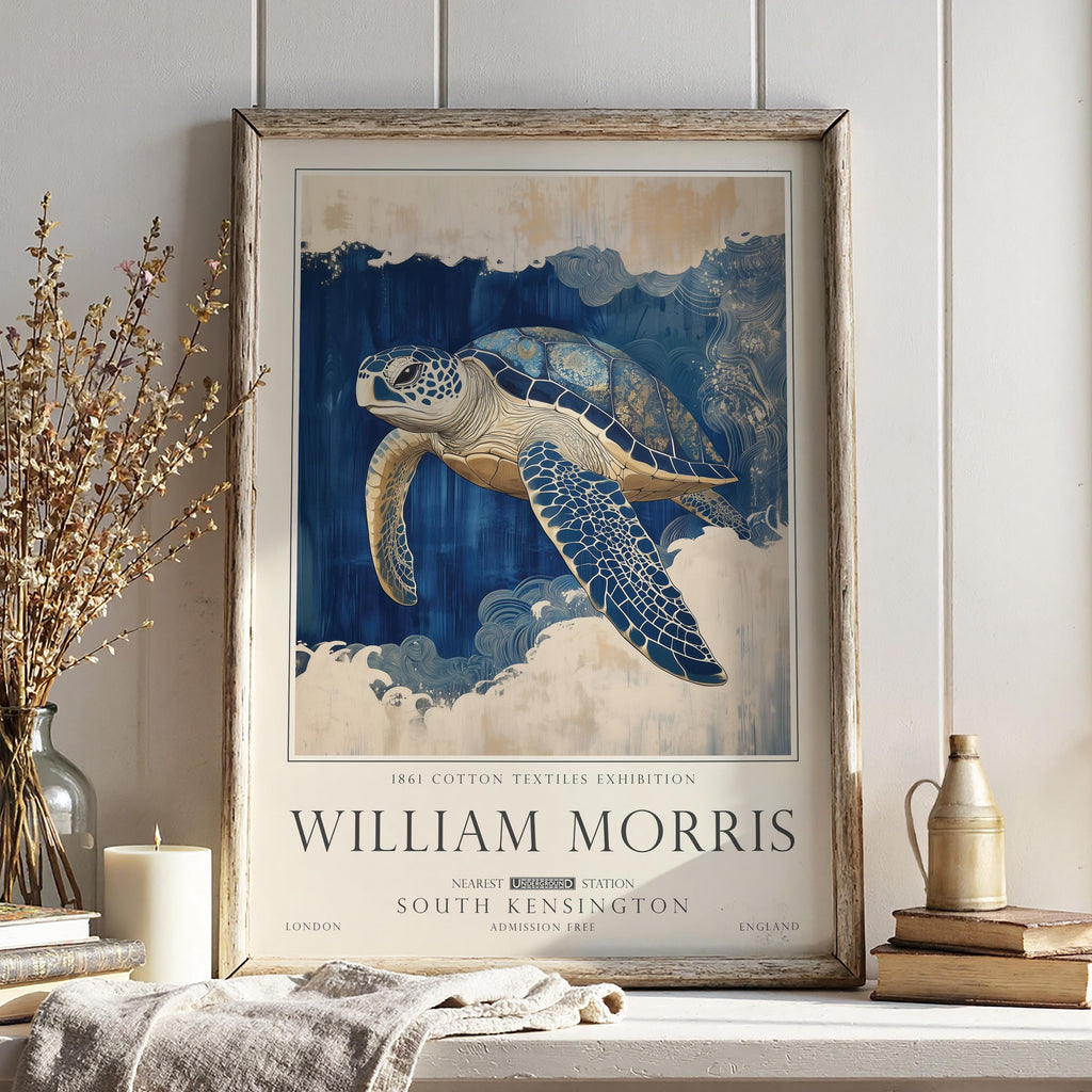 Turtle Bathroom Print, William Morris Style Sea Life Wall Art, Ocean Nautical Poster, UNFRAMED