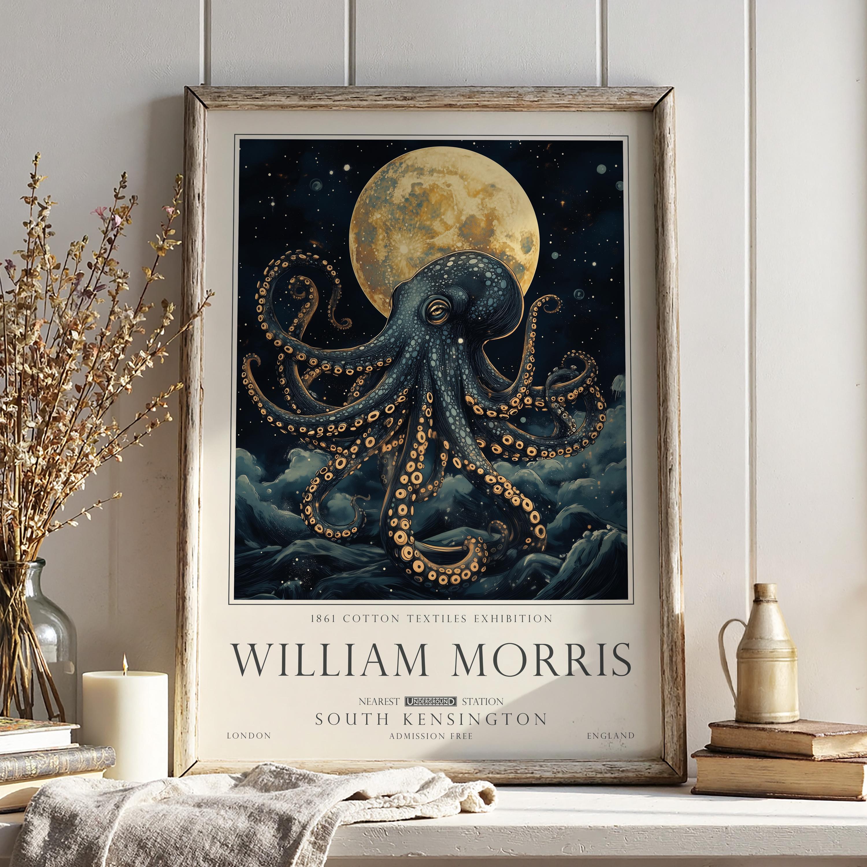 Nautical Octopus Print, William Morris Bathroom Wall Art, Vintage Ocean Decor, UNFRAMED