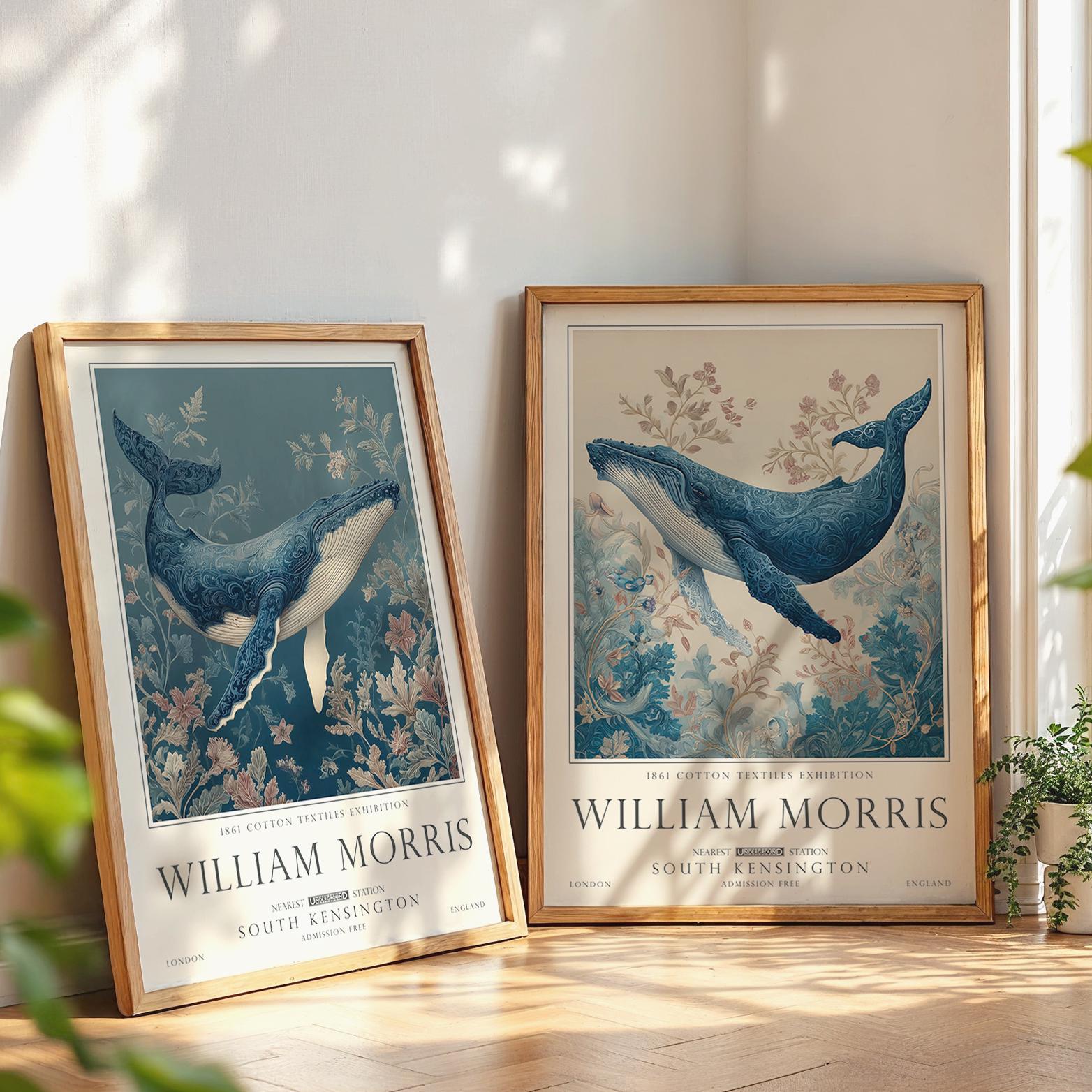 William Morris Whale Print Set of 2, Sea Life Wall Art Set, Coastal Bathroom, UNFRAMED
