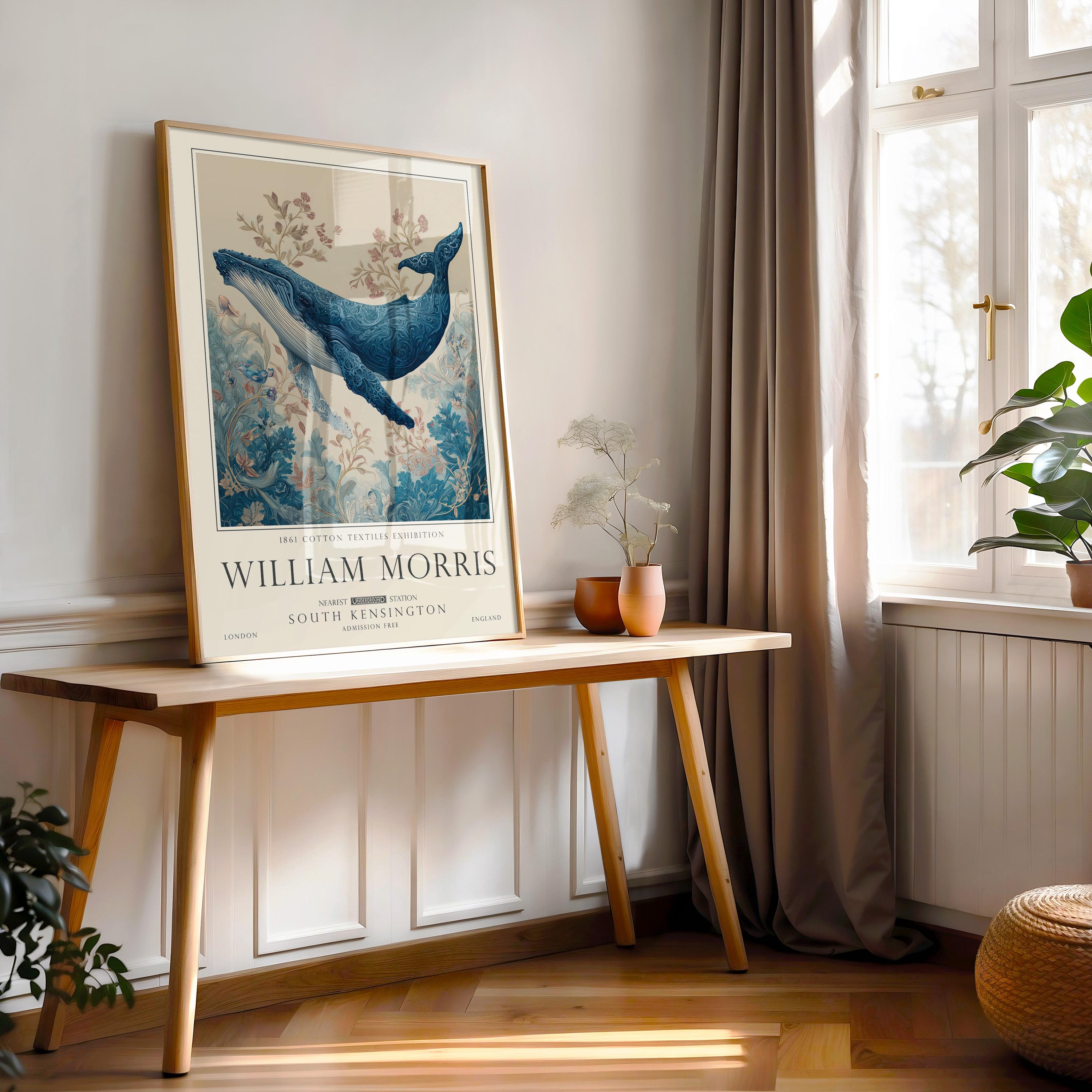 Nautical Blue Whale Art, Coastal William Morris Poster, Vintage Decor, Gifts For Her, UNFRAMED