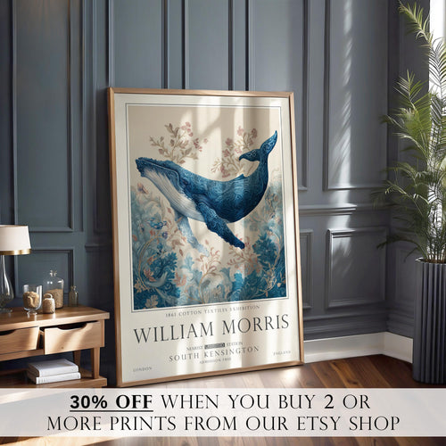 Nautical Blue Whale Art, Coastal William Morris Poster, Vintage Decor, Gifts For Her, UNFRAMED