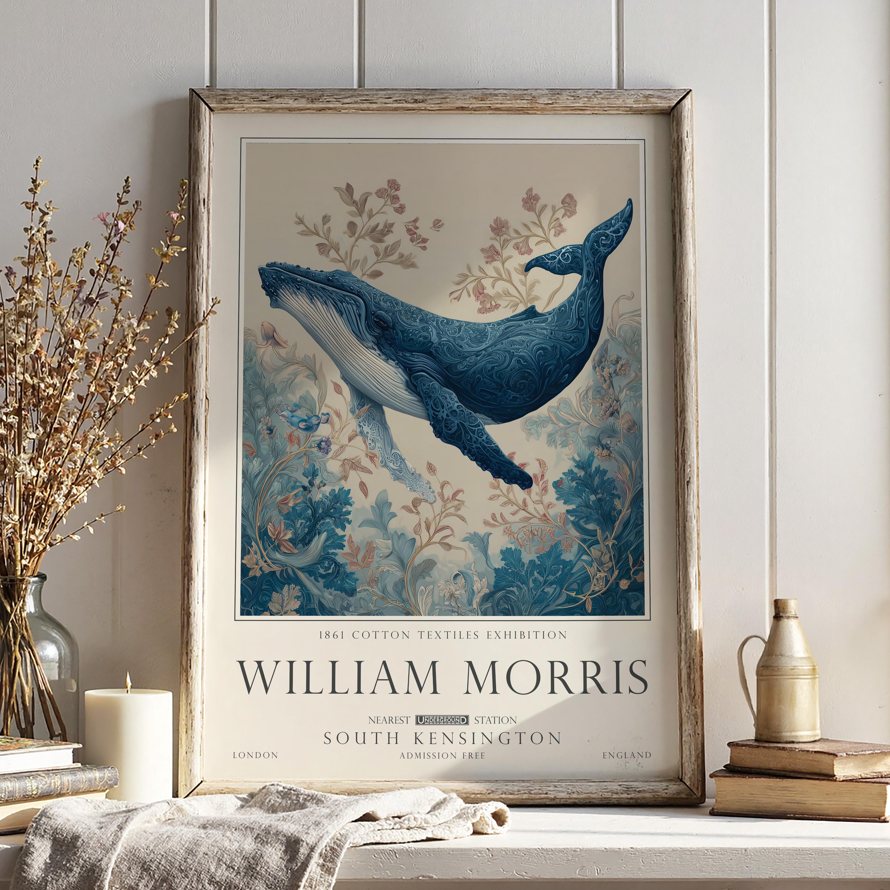 Nautical Blue Whale Art, Coastal William Morris Poster, Vintage Decor, Gifts For Her, UNFRAMED