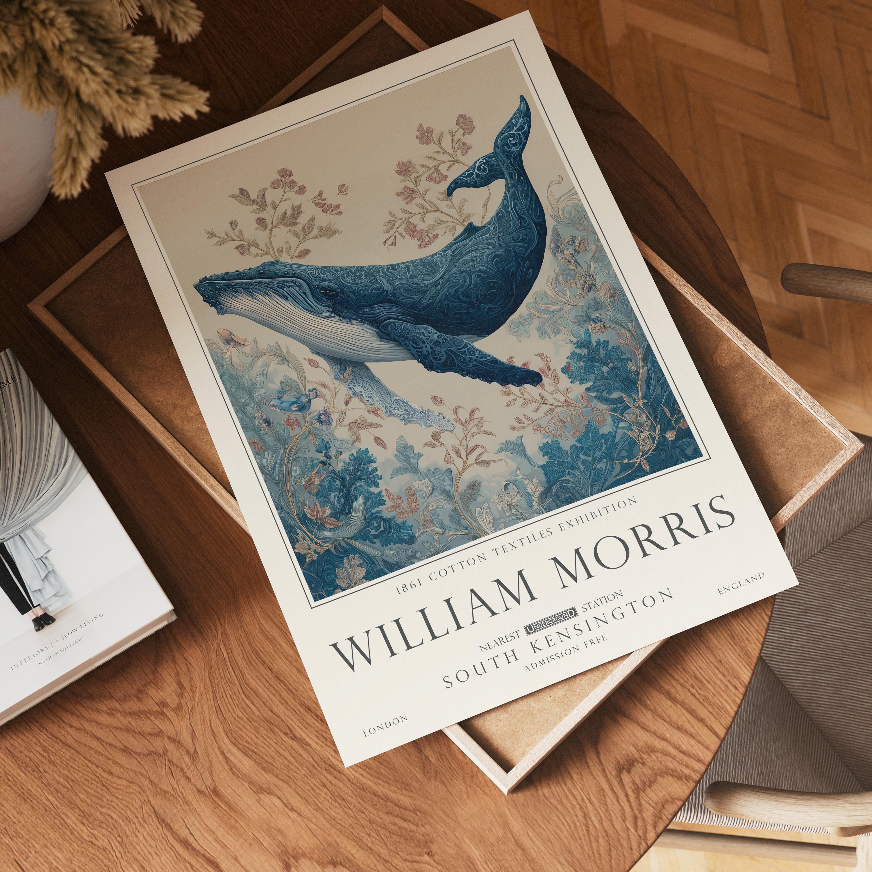 Nautical Blue Whale Art, Coastal William Morris Poster, Vintage Decor, Gifts For Her, UNFRAMED