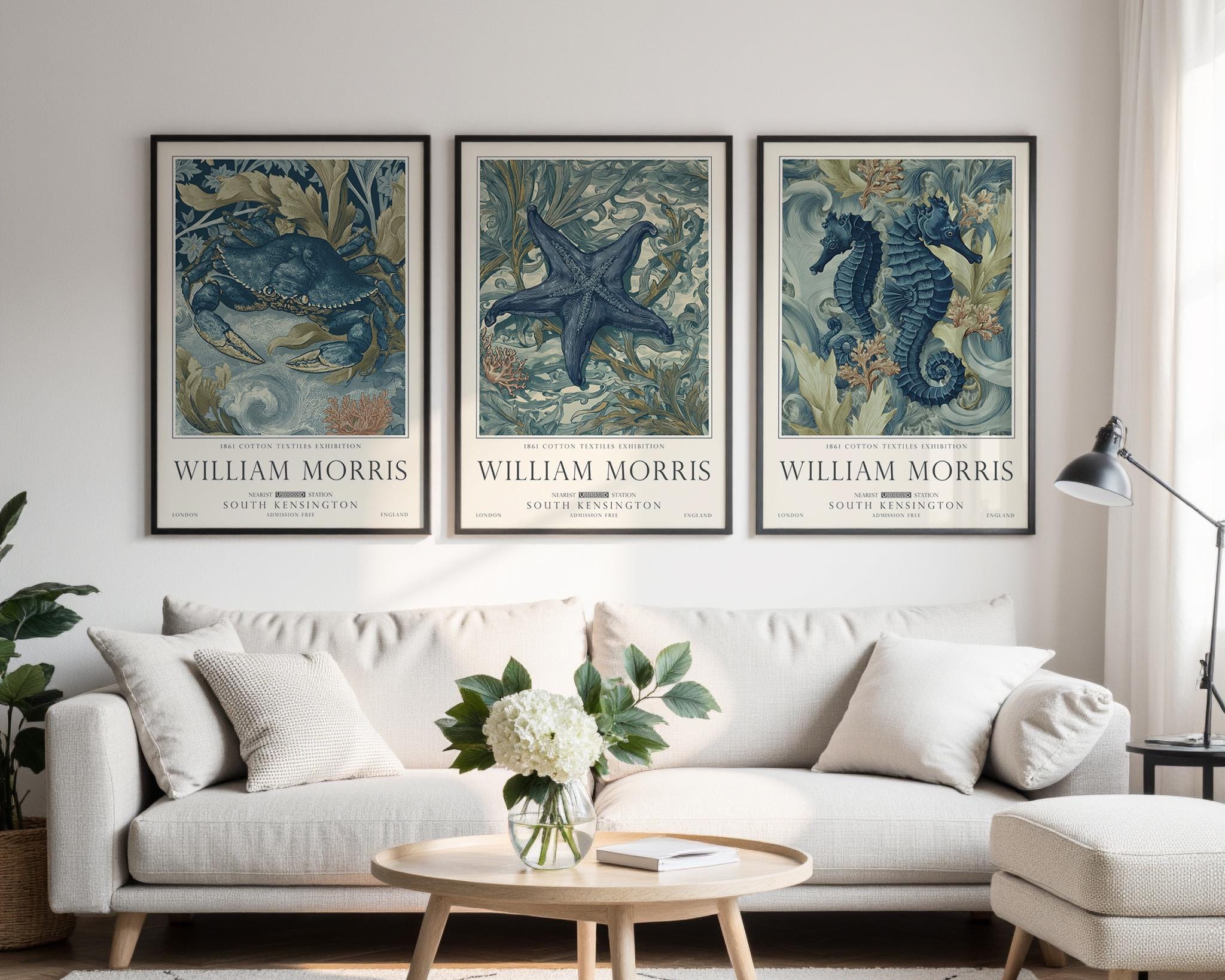 William Morris Set of 3 Print, Sea Life Ocean and Nautical Wall Art, UNFRAMED