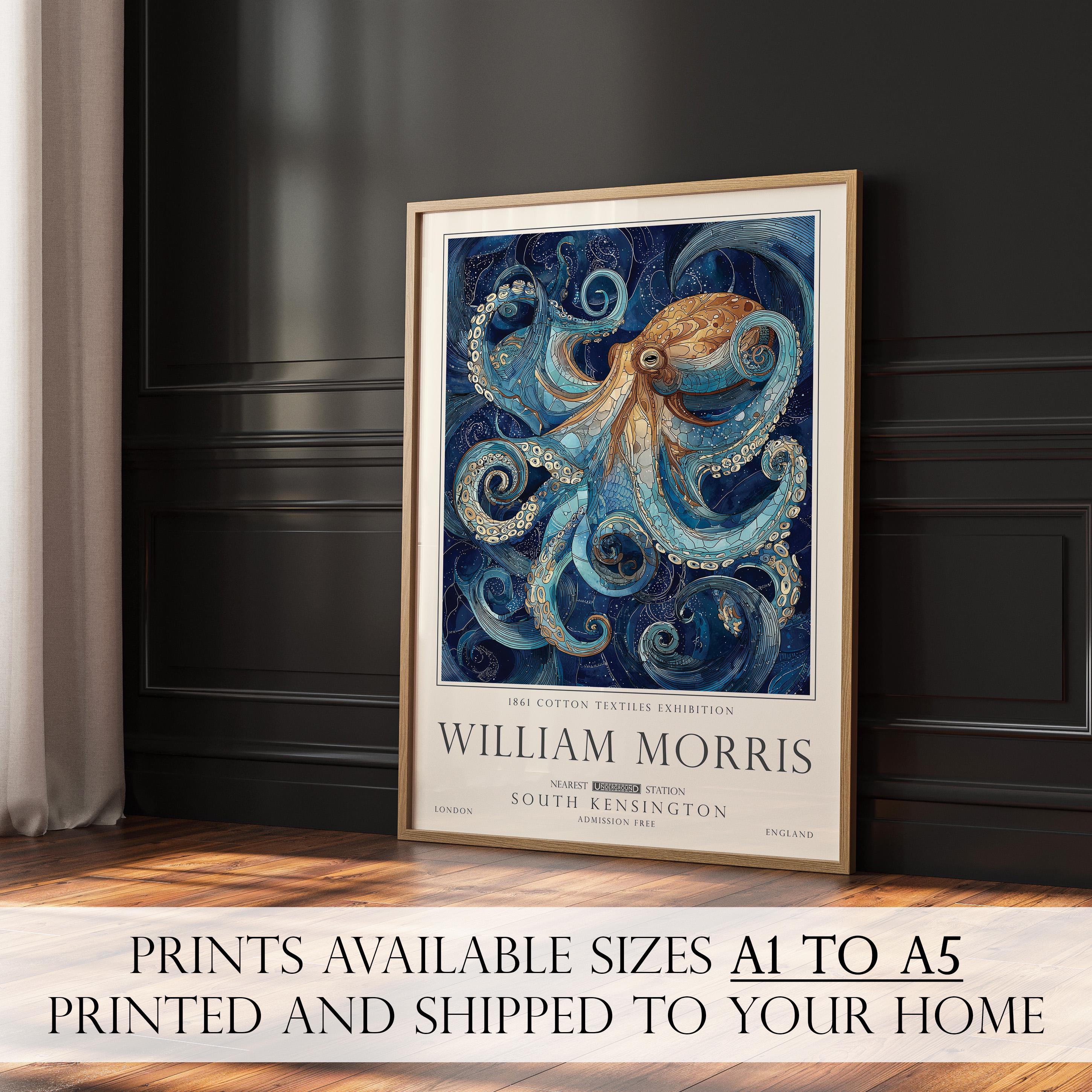 Nautical Octopus Print, William Morris Inspired Bathroom Wall Art, Vintage Ocean Decor, UNFRAMED