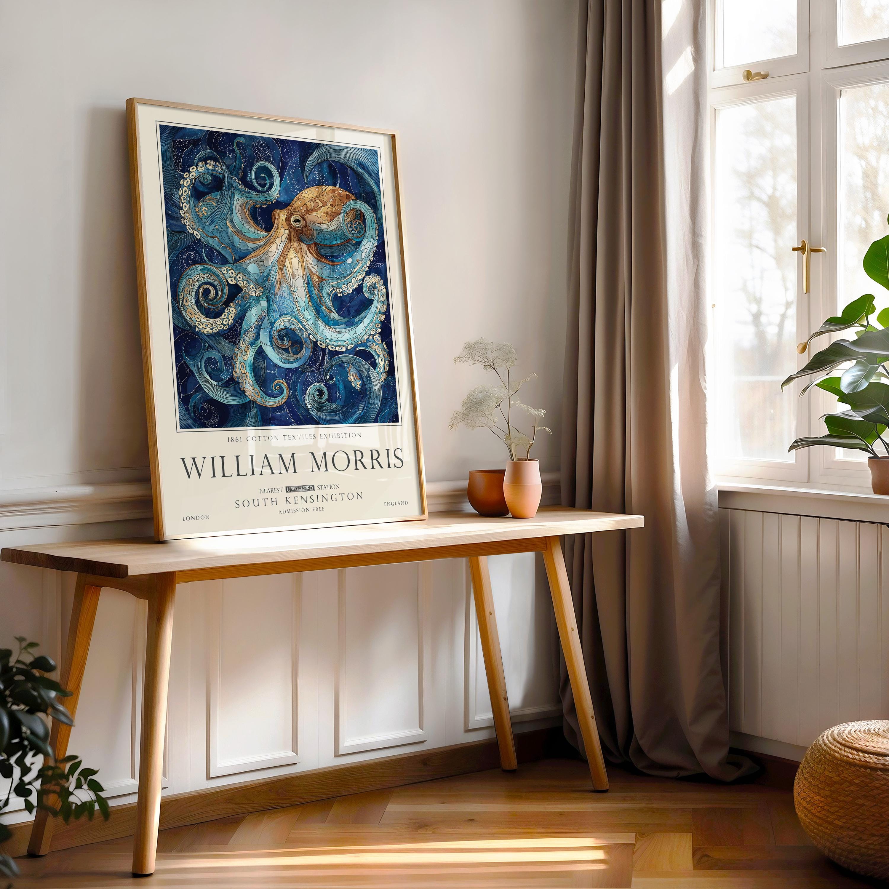 Nautical Octopus Print, William Morris Inspired Bathroom Wall Art, Vintage Ocean Decor, UNFRAMED