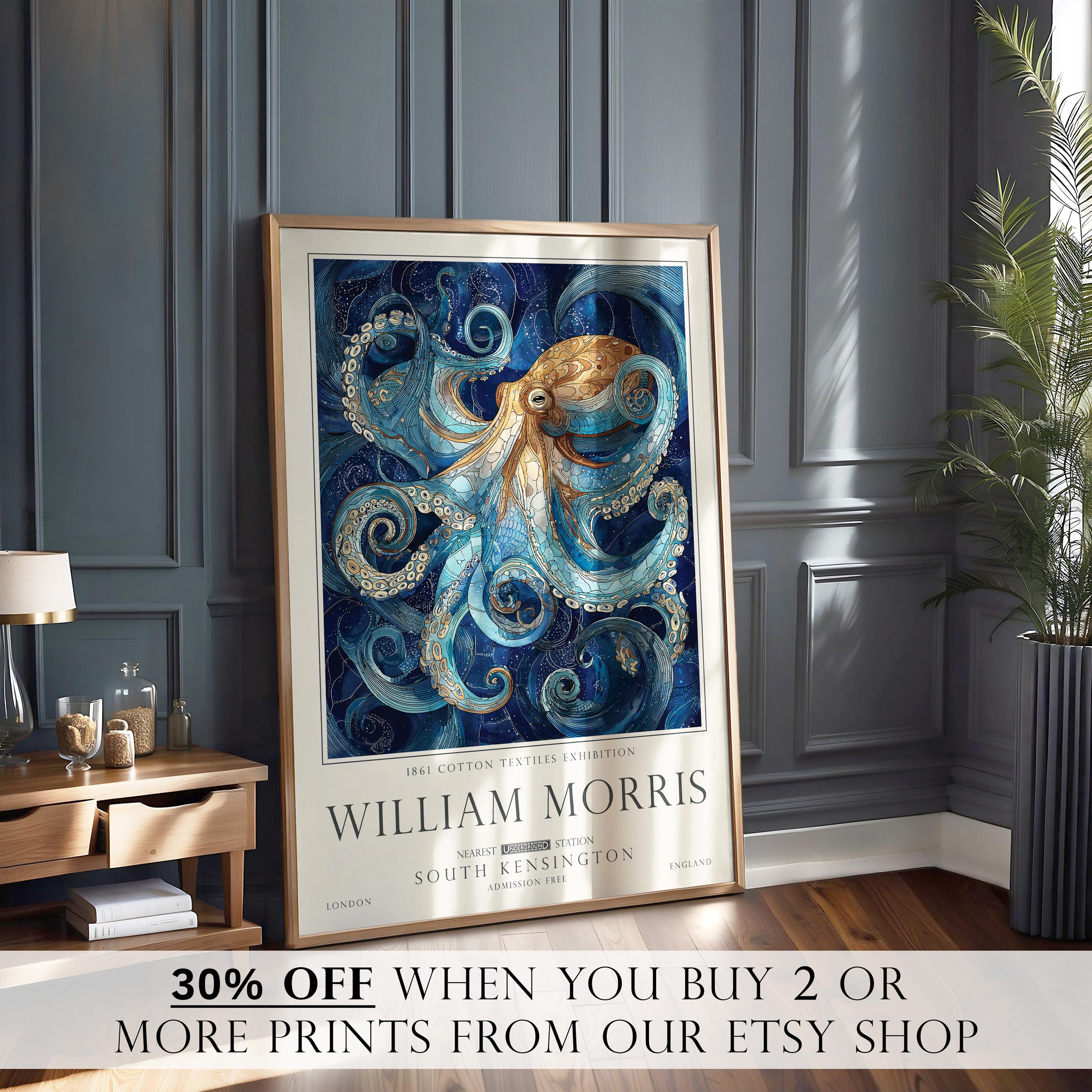 Nautical Octopus Print, William Morris Inspired Bathroom Wall Art, Vintage Ocean Decor, UNFRAMED