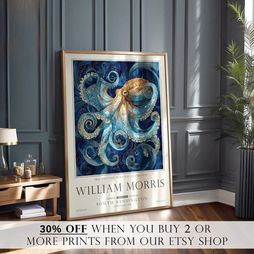 Nautical Octopus Print, William Morris Inspired Bathroom Wall Art, Vintage Ocean Decor, UNFRAMED