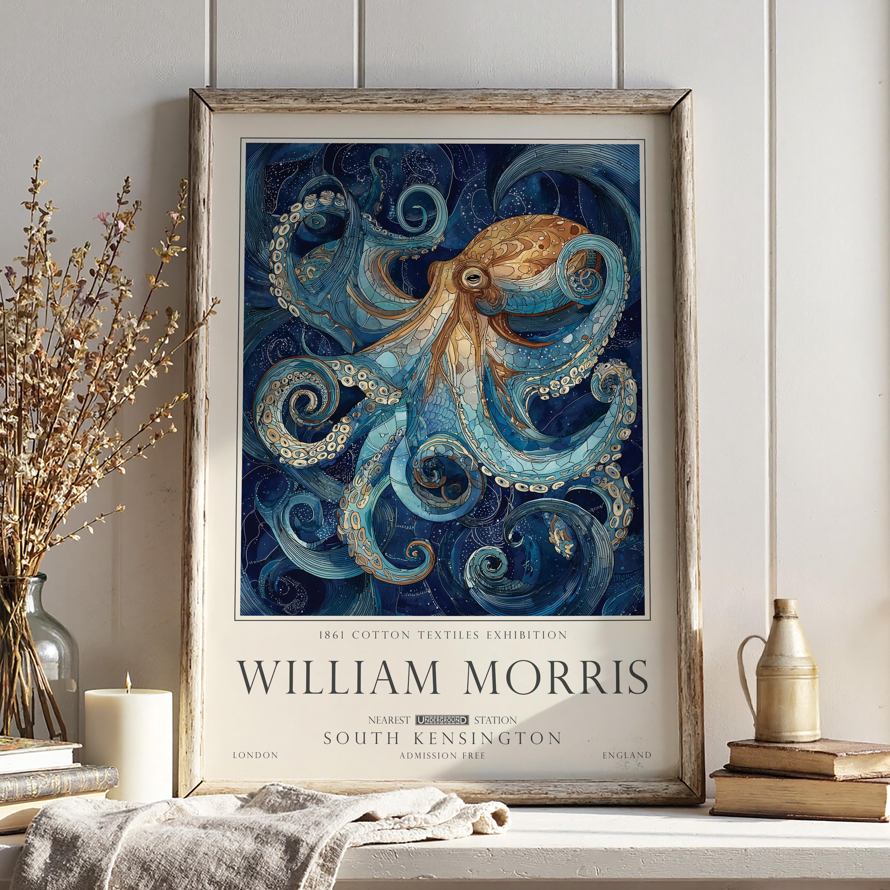 Nautical Octopus Print, William Morris Inspired Bathroom Wall Art, Vintage Ocean Decor, UNFRAMED