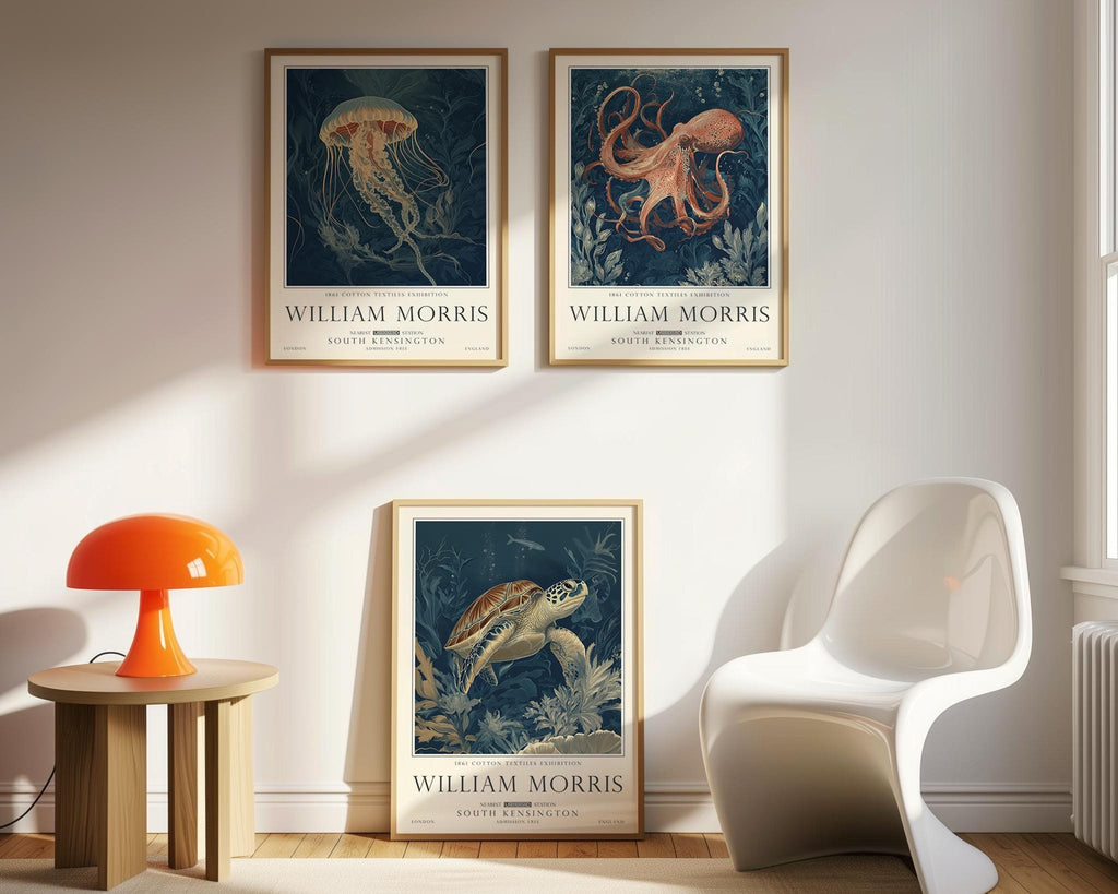 Set of 3 William Morris Prints, Ocean Animals and Sea Life Wall Art, UNFRAMED