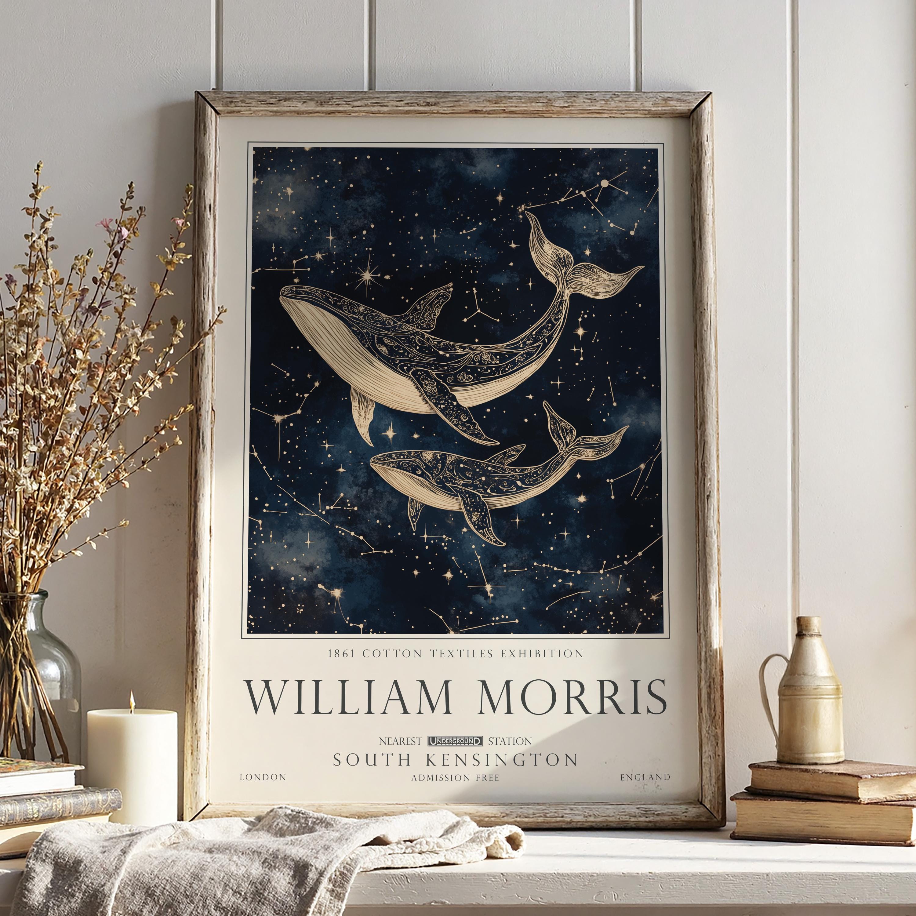 William Morris Whale Art, Coastal Nautical Print, Vintage Decor, Gifts For Her, UNFRAMED