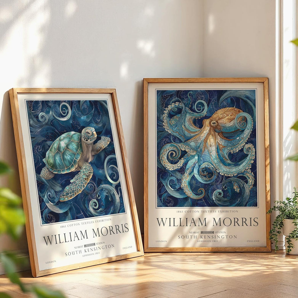 William Morris Set of 2, Sea Life Wall Art Set, Turtle and Octopus, UNFRAMED