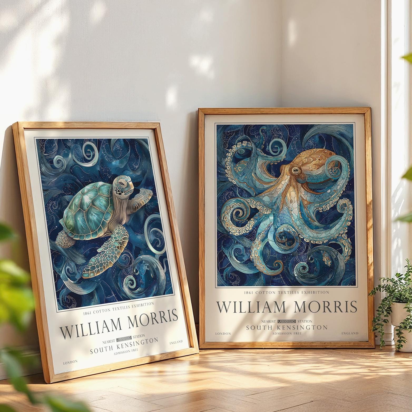William Morris Set of 2, Sea Life Wall Art Set, Turtle and Octopus, UNFRAMED