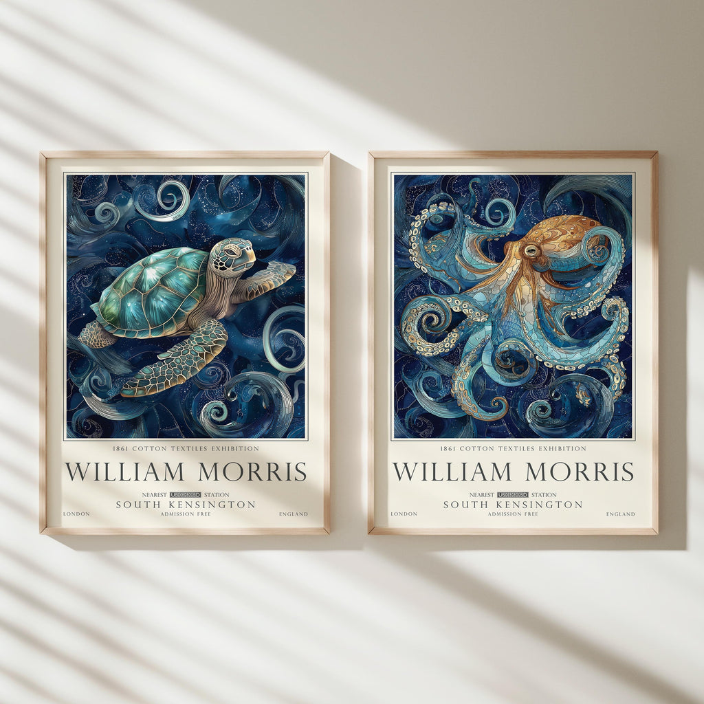 William Morris Set of 2, Sea Life Wall Art Set, Turtle and Octopus, UNFRAMED