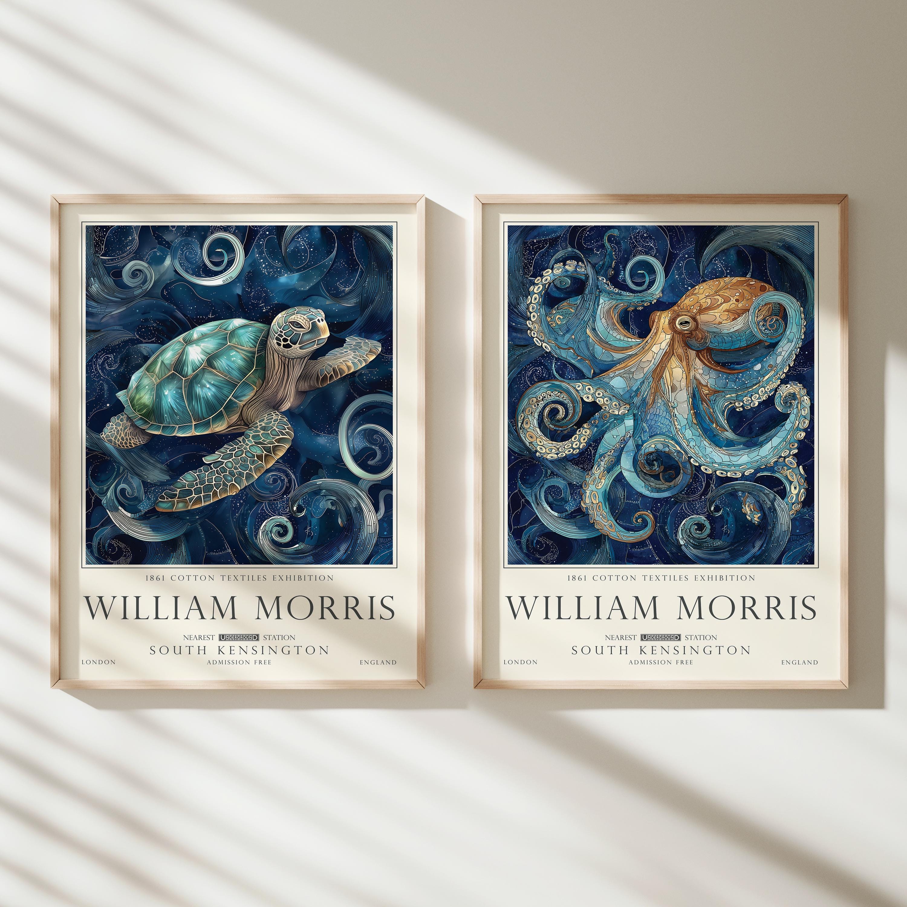 William Morris Set of 2, Sea Life Wall Art Set, Turtle and Octopus, UNFRAMED