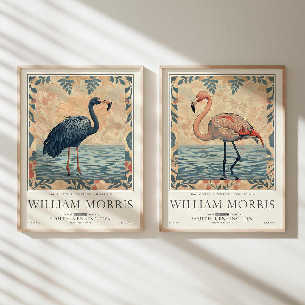 William Morris Set of 2, Flamingo Art Set, Pink Floral Wall Art, UNFRAMED