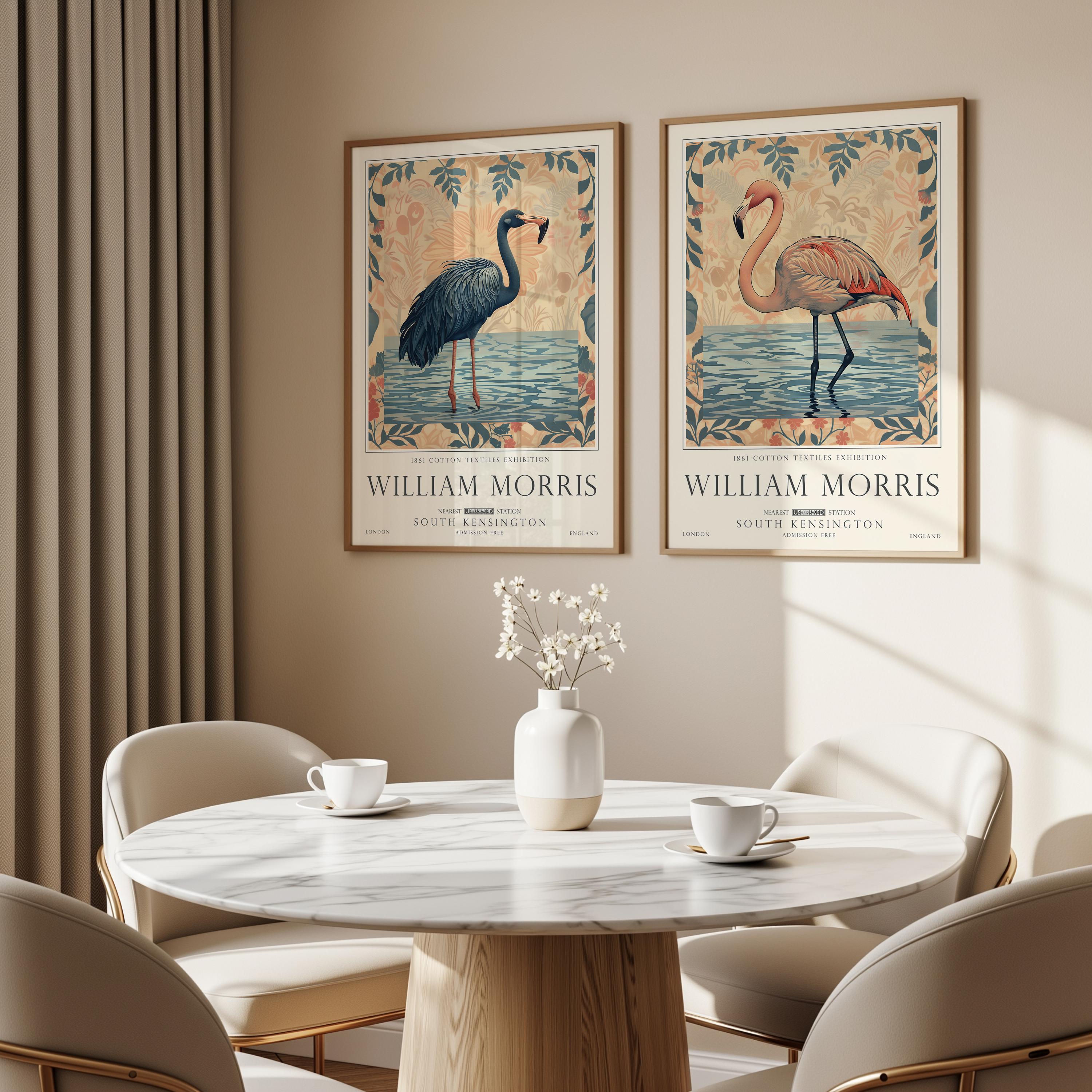 William Morris Set of 2, Flamingo Art Set, Pink Floral Wall Art, UNFRAMED