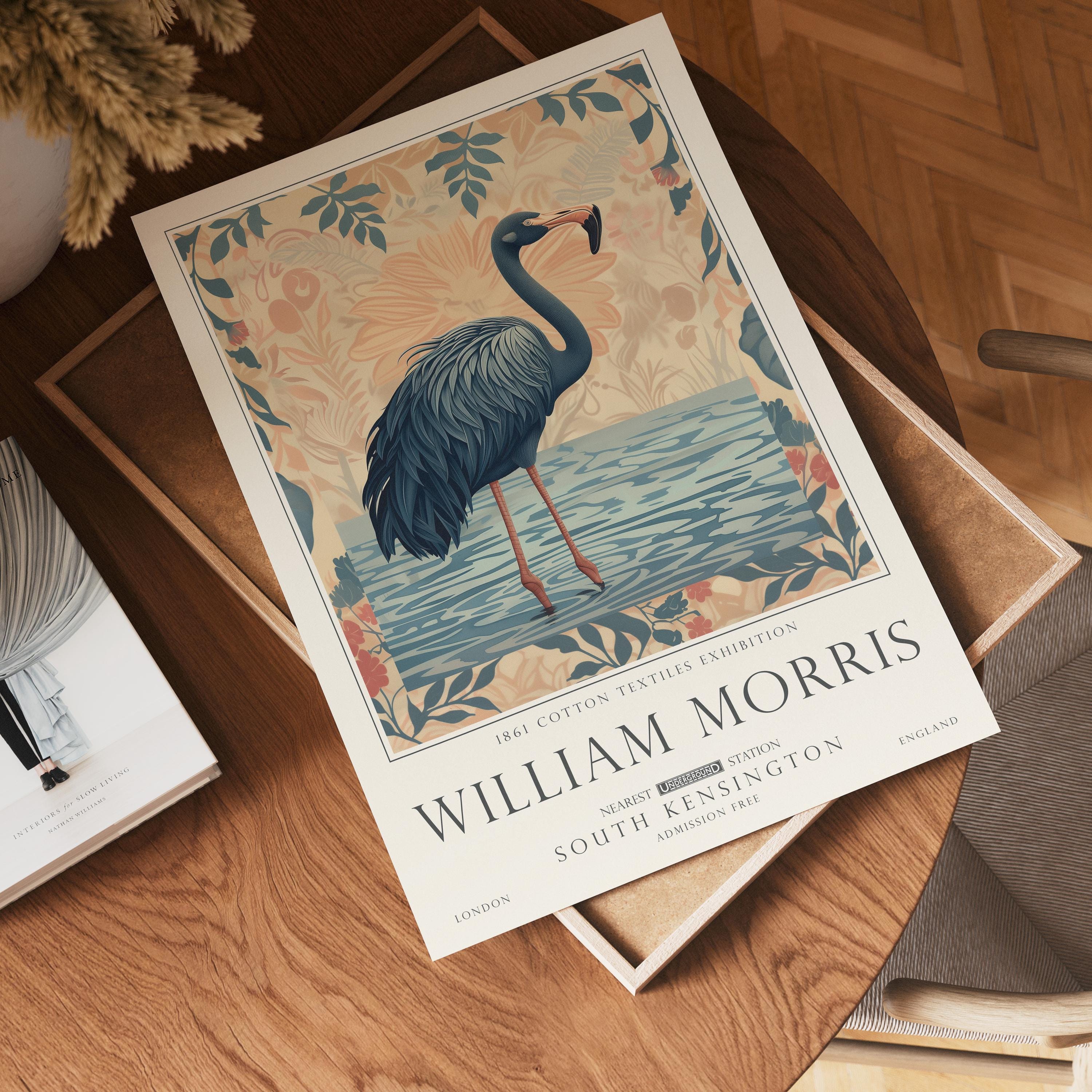 William Morris Set of 2, Flamingo Art Set, Pink Floral Wall Art, UNFRAMED