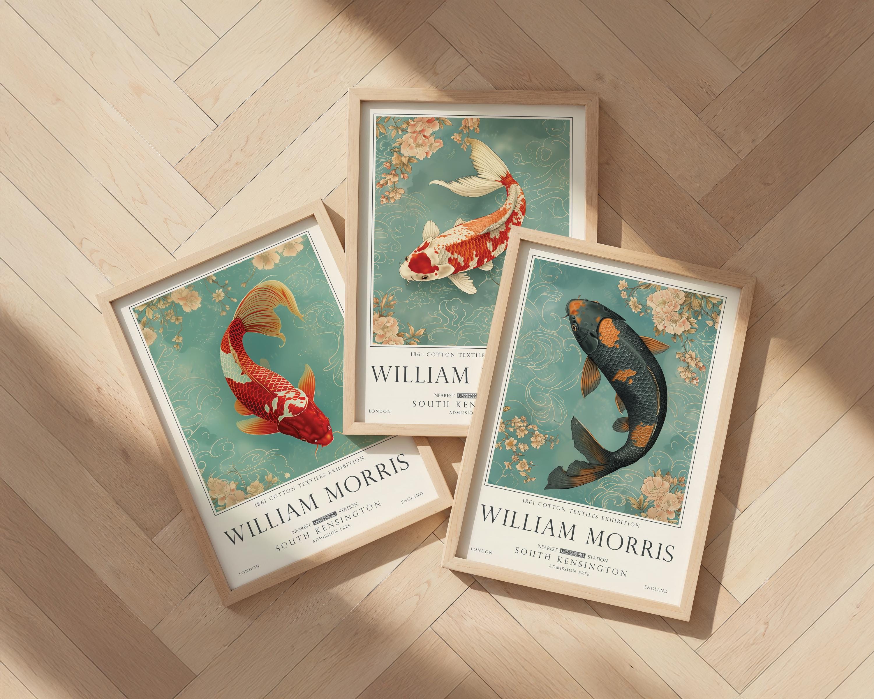 Set of 3 William Morris Koi Print, Ornamental Fish Vintage Wall Art, UNFRAMED