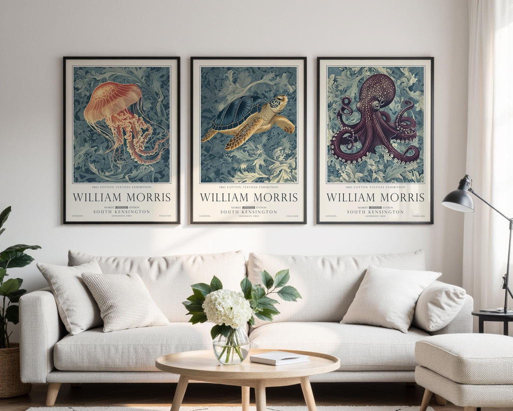 Set of 3 William Morris Sea Life Print, Turtle and Ocean Wall Art, UNFRAMED