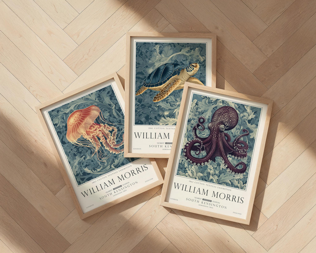 Set of 3 William Morris Sea Life Print, Turtle and Ocean Wall Art, UNFRAMED