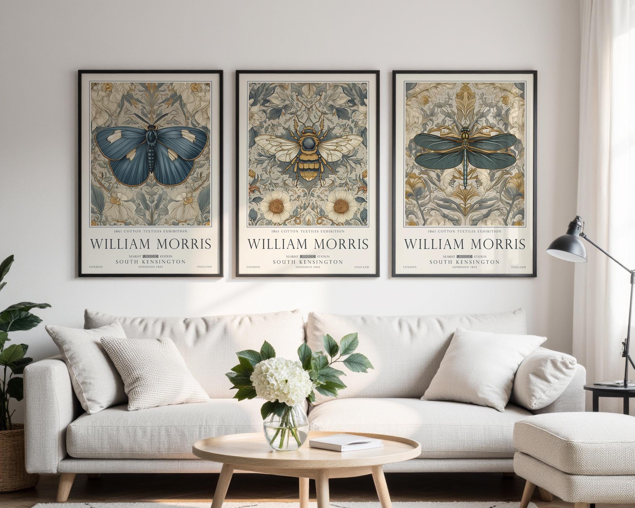 Set of 3 William Morris Bee, Butterfly and Dragonfly Wall Art, UNFRAMED