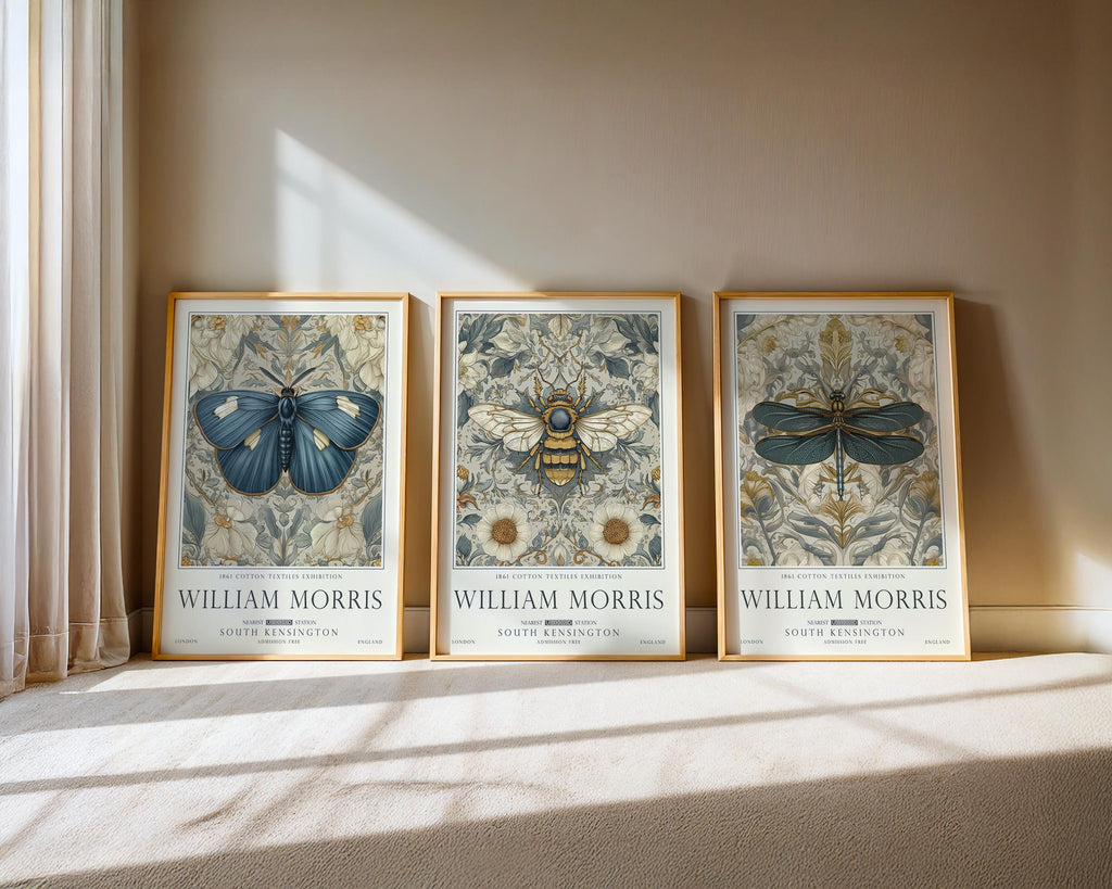 Set of 3 William Morris Bee, Butterfly and Dragonfly Wall Art, UNFRAMED
